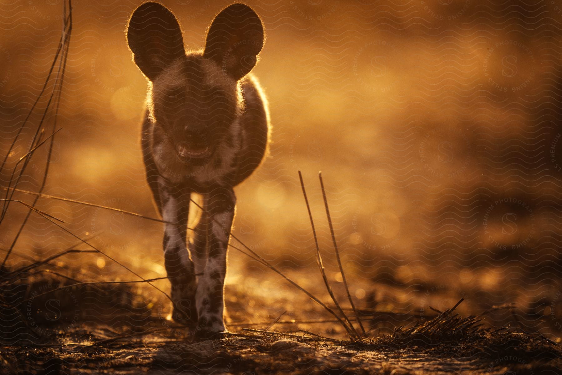 A tiny hyena, ears alert, strides across a field bathed in the soft glow of dawn or dusk