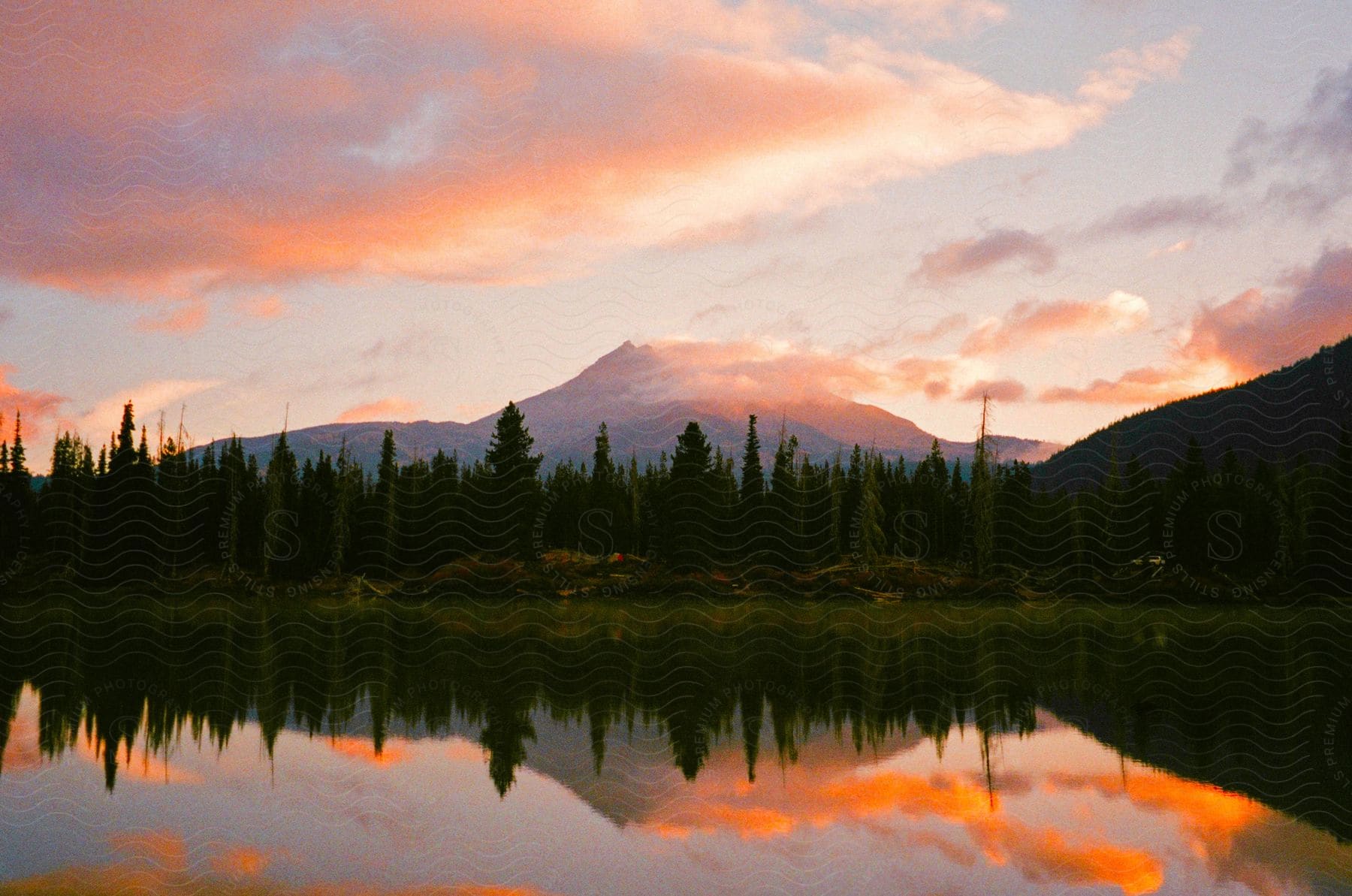 A wide shot of a lake beside the woods