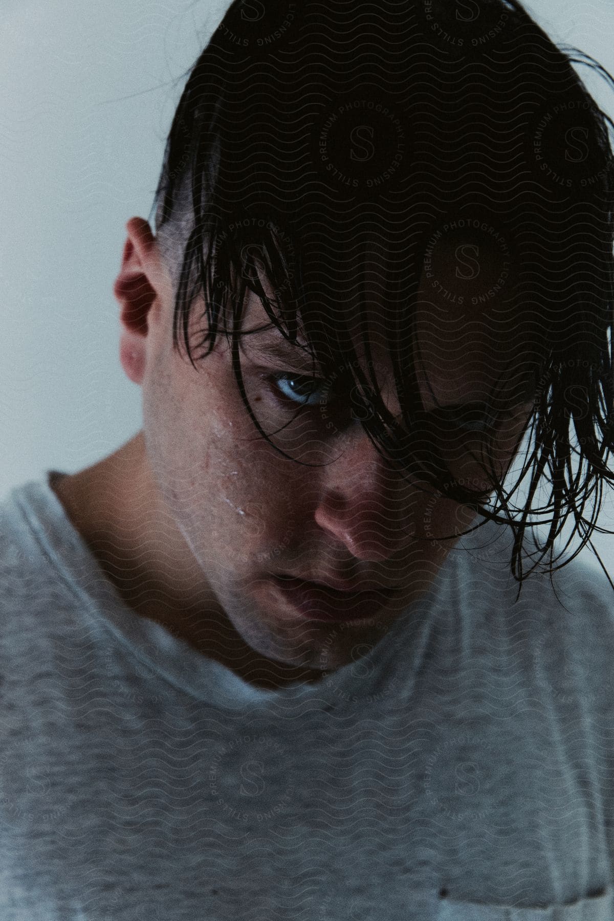 Portrait of a man with wet hair and a serious facial expression