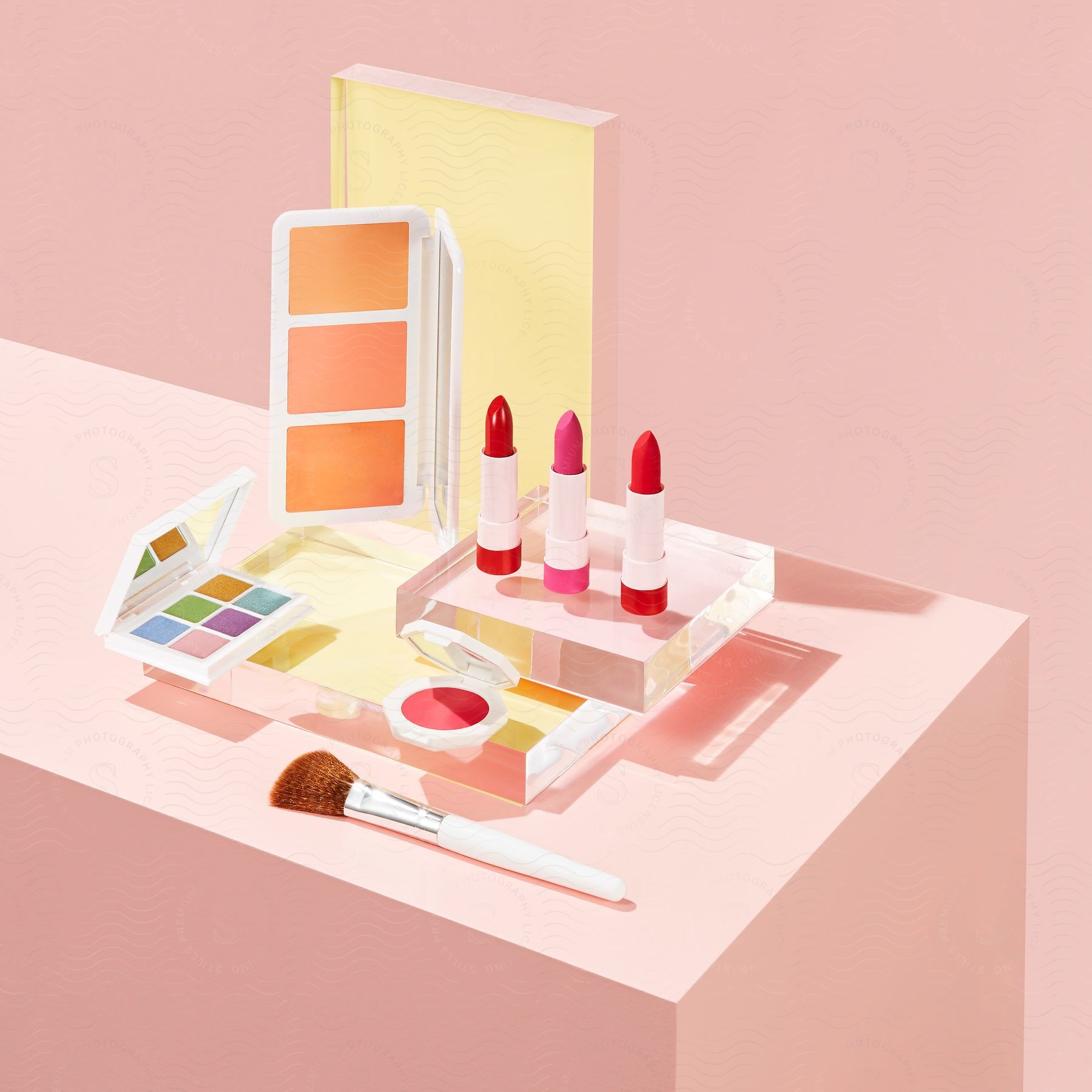 Cosmetics set up and displayed on a table