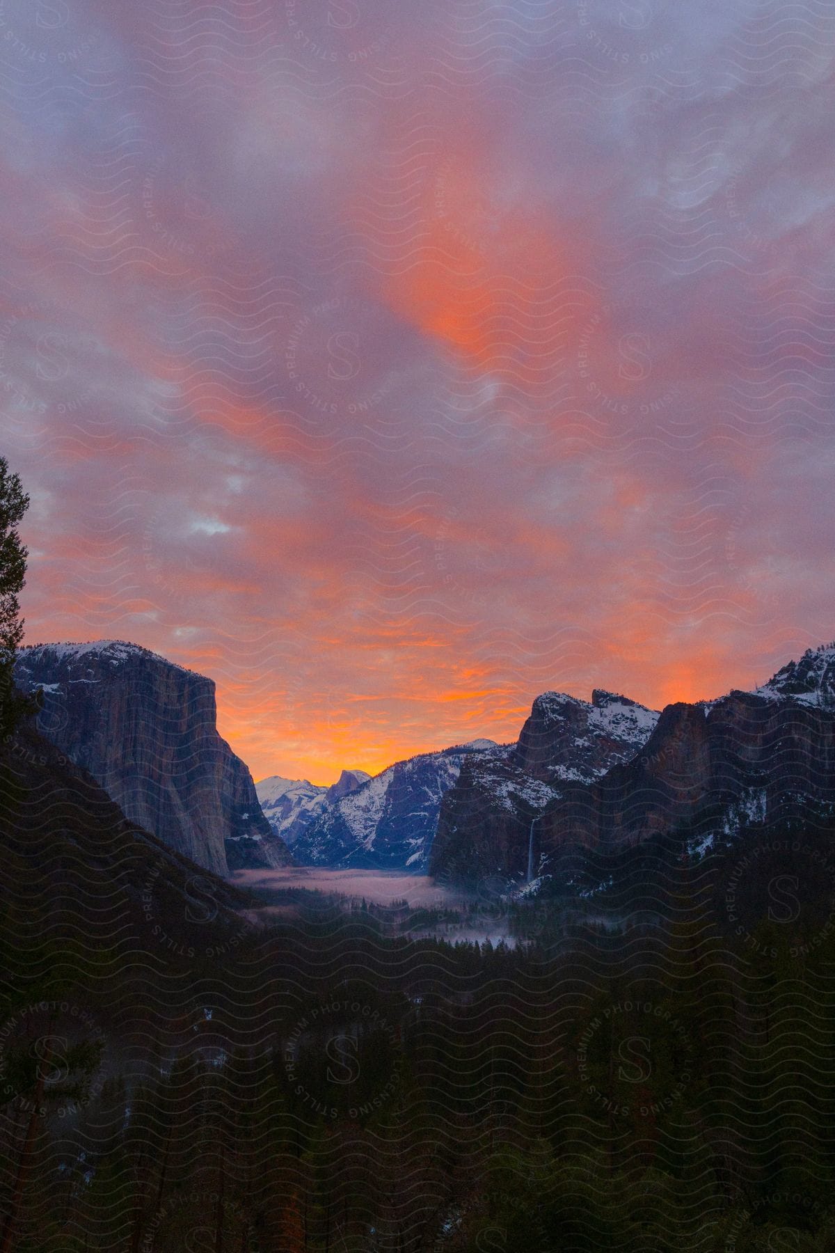 Snow covered mountains and forests along the valley coast with ice covered water as the colors of the setting sun glow on the clouds