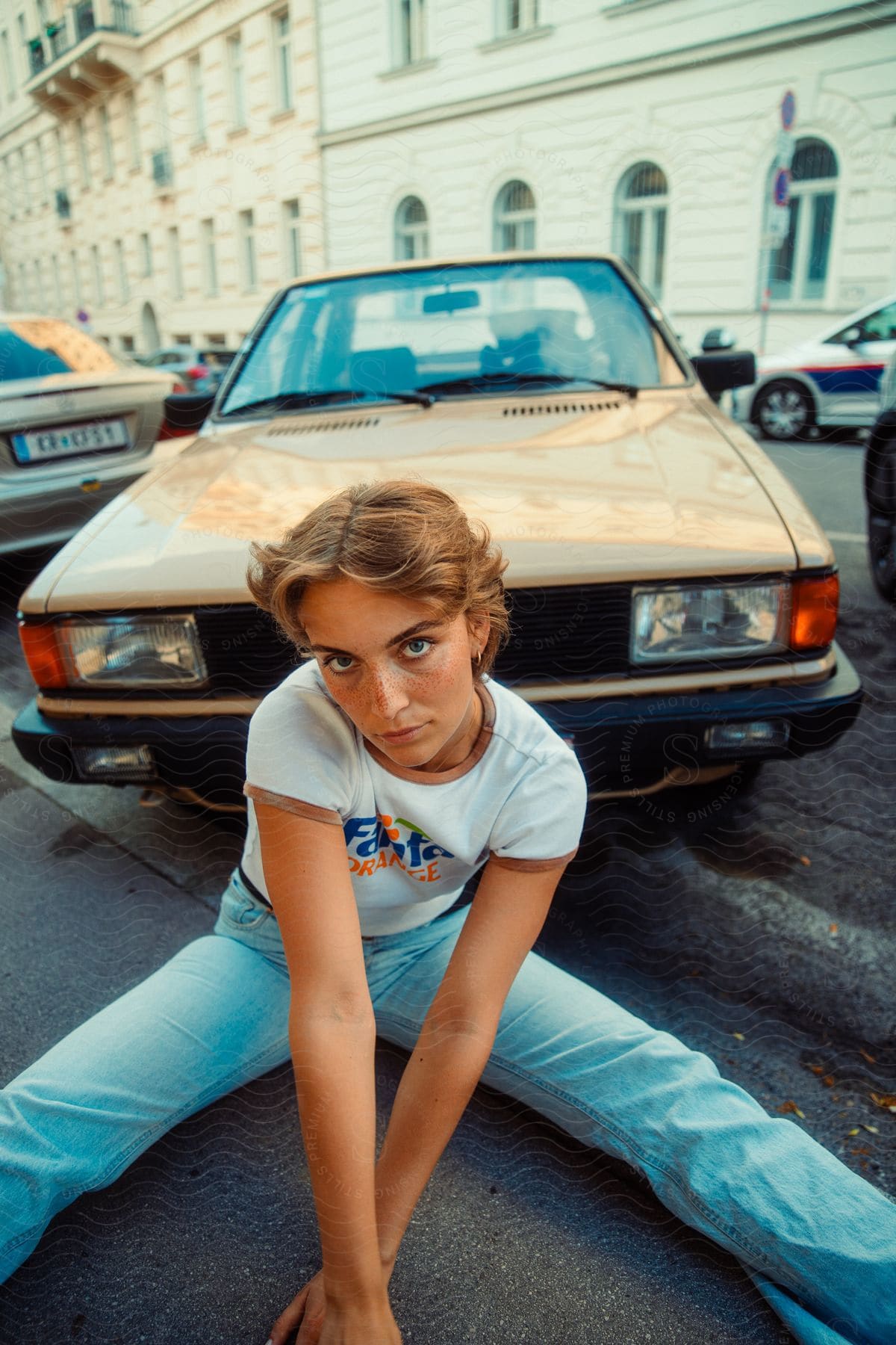 Stock photo of woman sitting on the street in front of a beige car, wearing a white t-shirt and blue jeans.