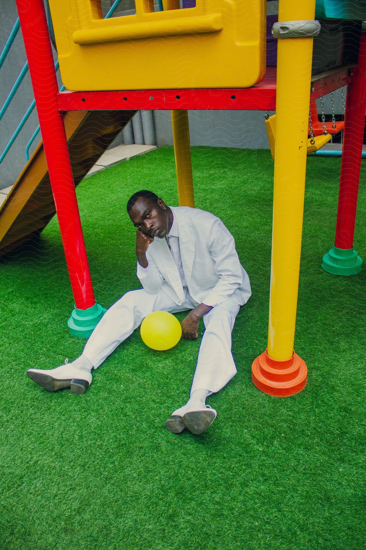 A portrait of a man sitting on a playground