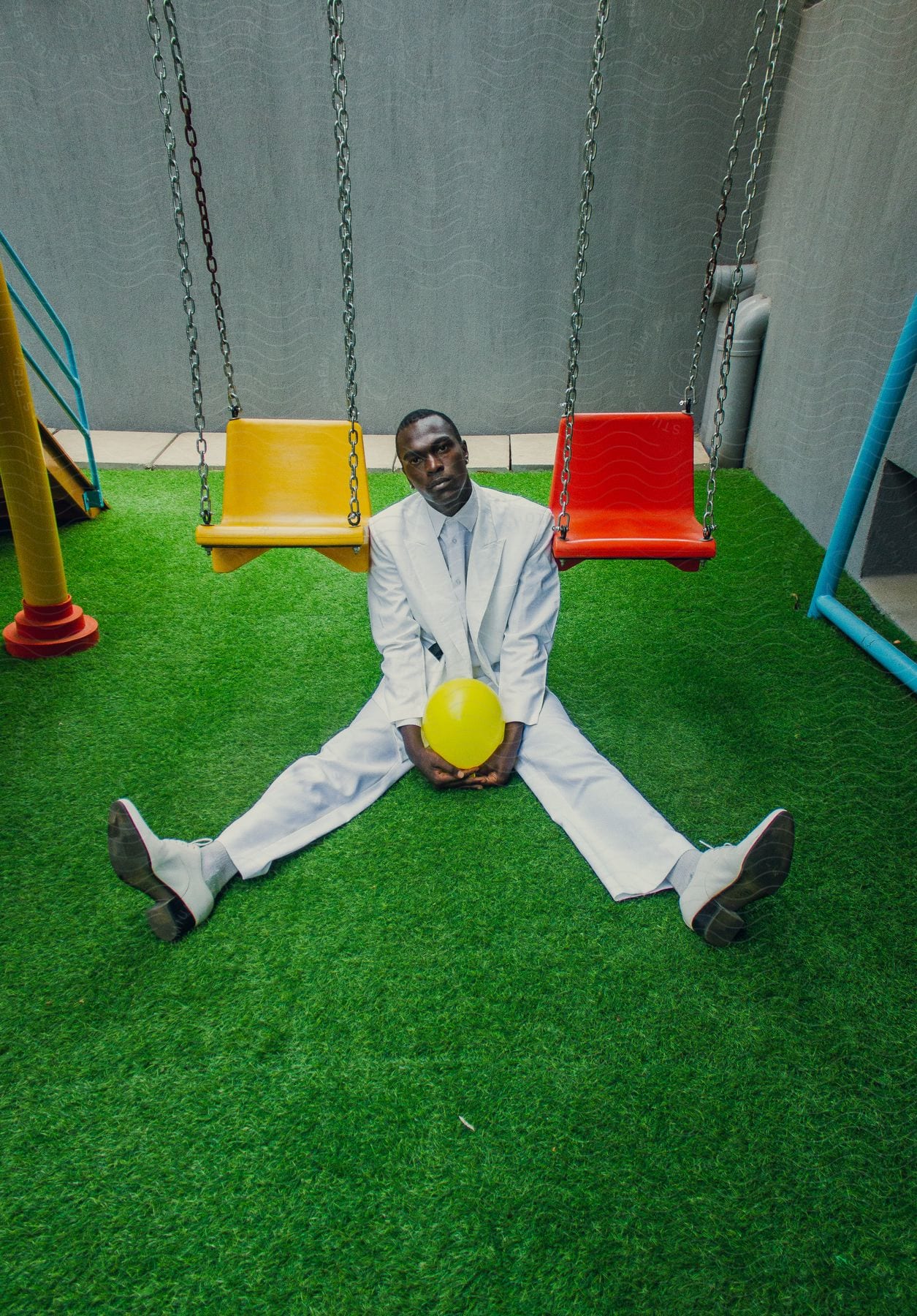 Man in a white suit sitting on artificial grass in a playground holding a yellow balloon