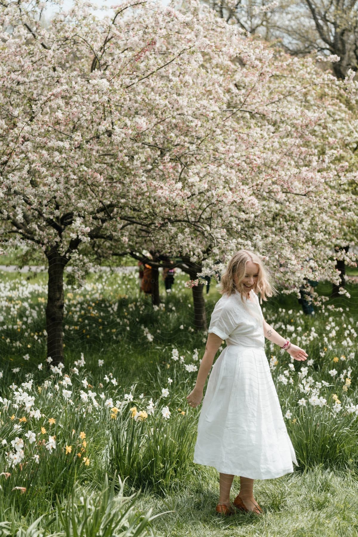 A woman in a white dress enjoying a stroll among blossoming trees in a lush garden.