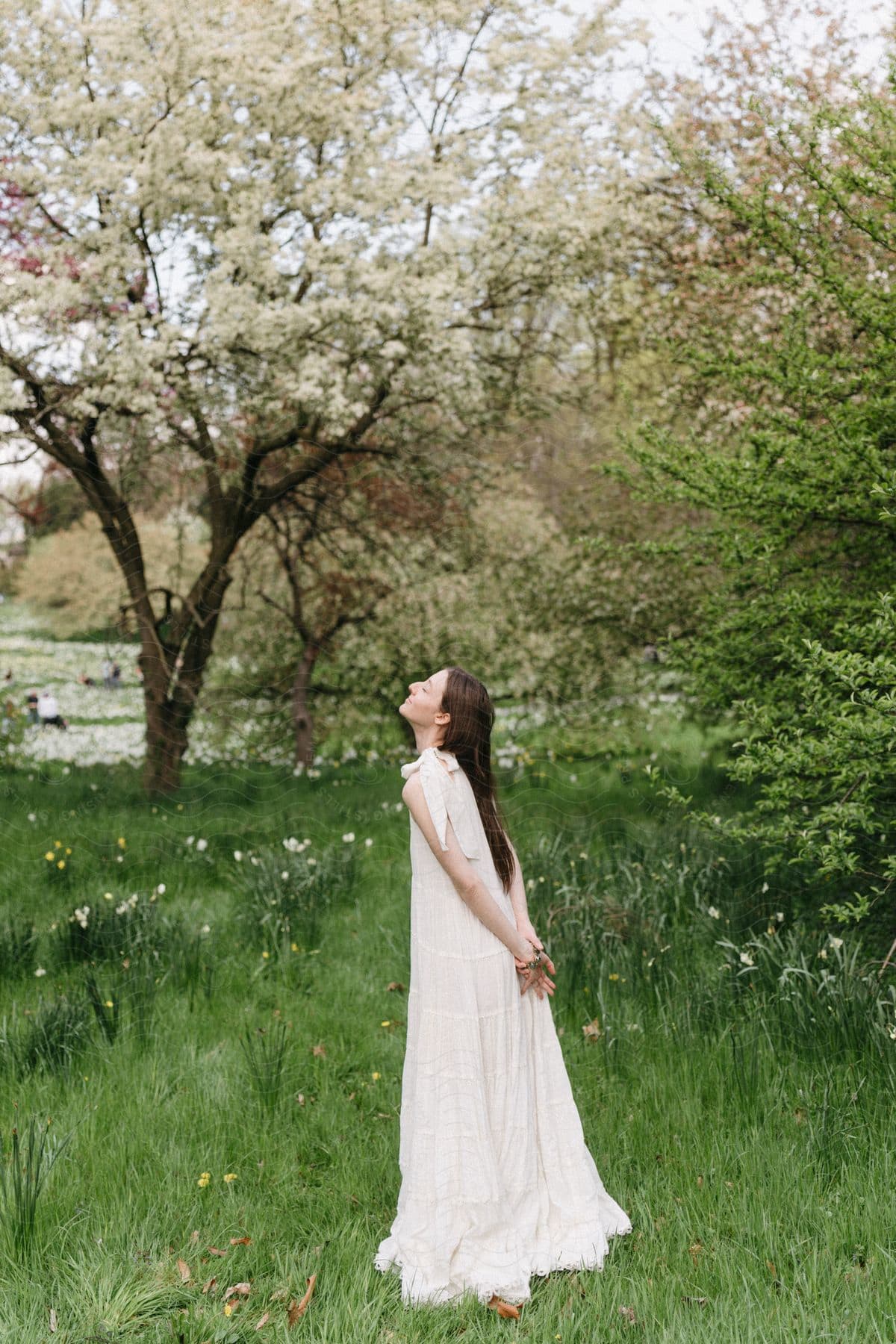 Smiling woman looking up and wearing a nice white dress while standing in a garden with trees and grass around