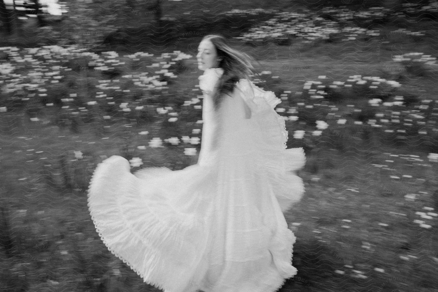 A black-and-white photo of a woman in a flowing dress running through a field of flowers.