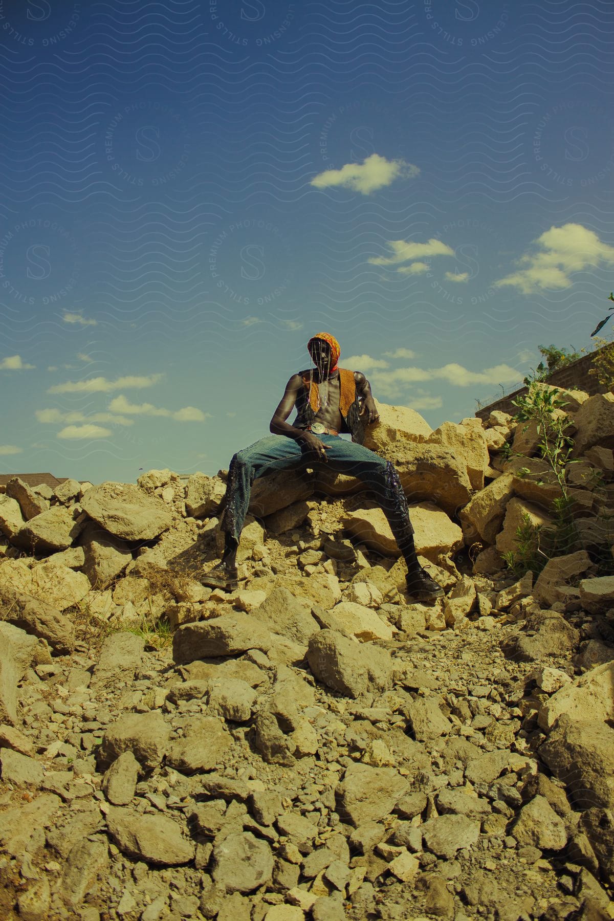 Man with jeans sitting on rocks in an open-air environment