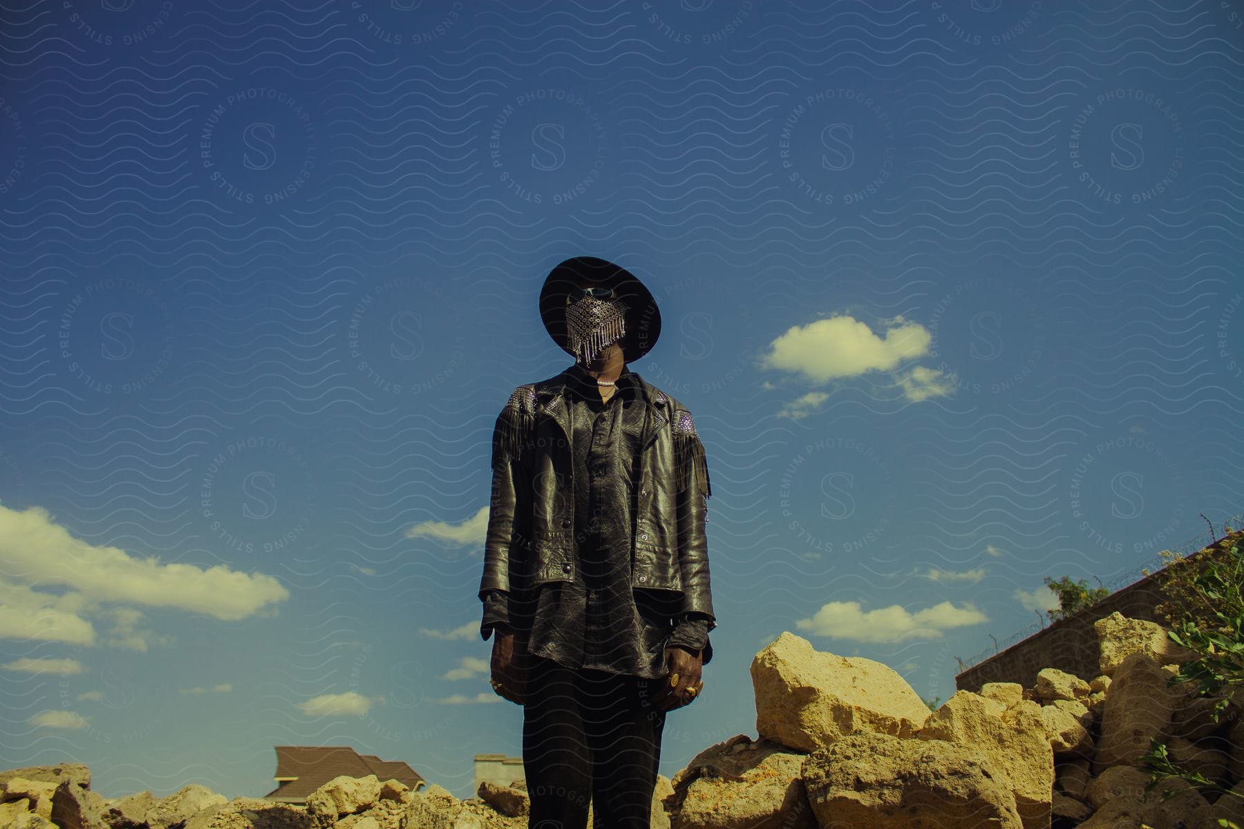 Person models jacket hat and face mask in desert landscape