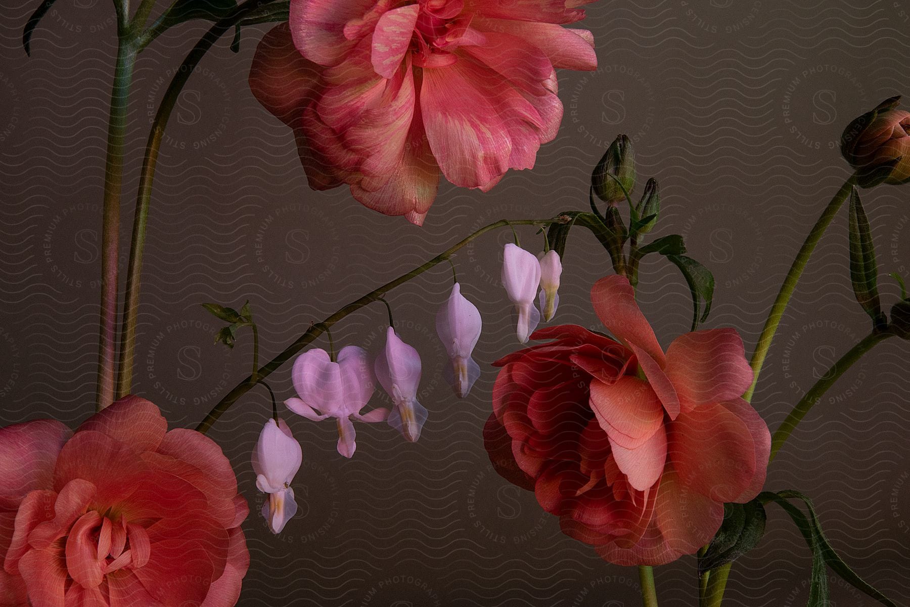 a bouquet of pink flowers sits in a vase against a brown background.