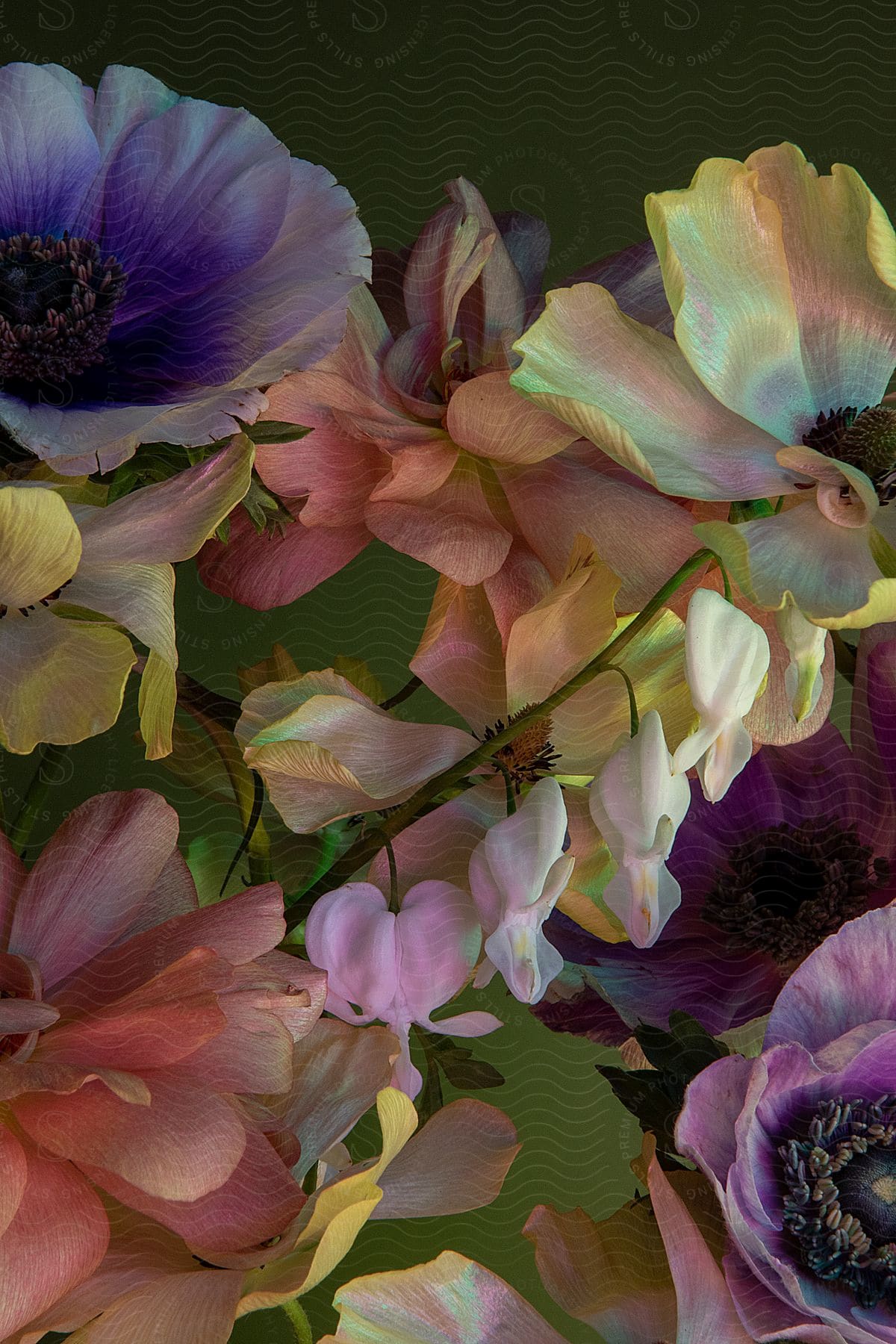 Flower arrangement with petals in shades of purple, pink and white standing out against a dark green background.