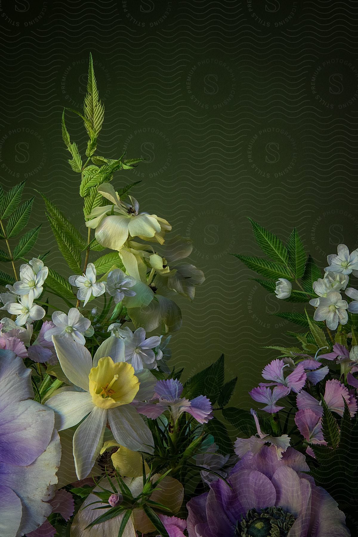 A vibrant floral arrangement with various flowers and leaves, dramatically lit against a dark background.