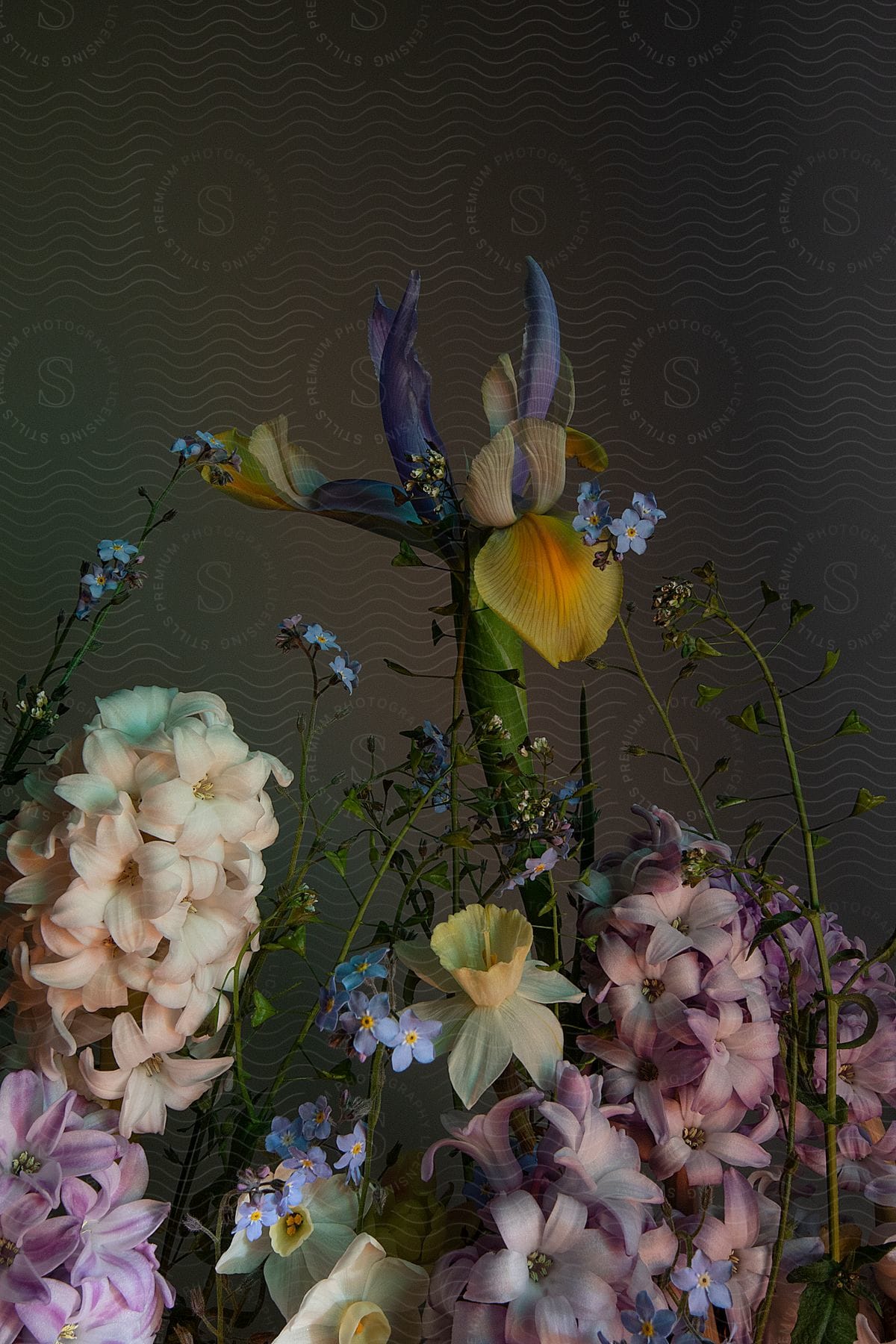 Colorful flowers of different species against a dark blurred background.