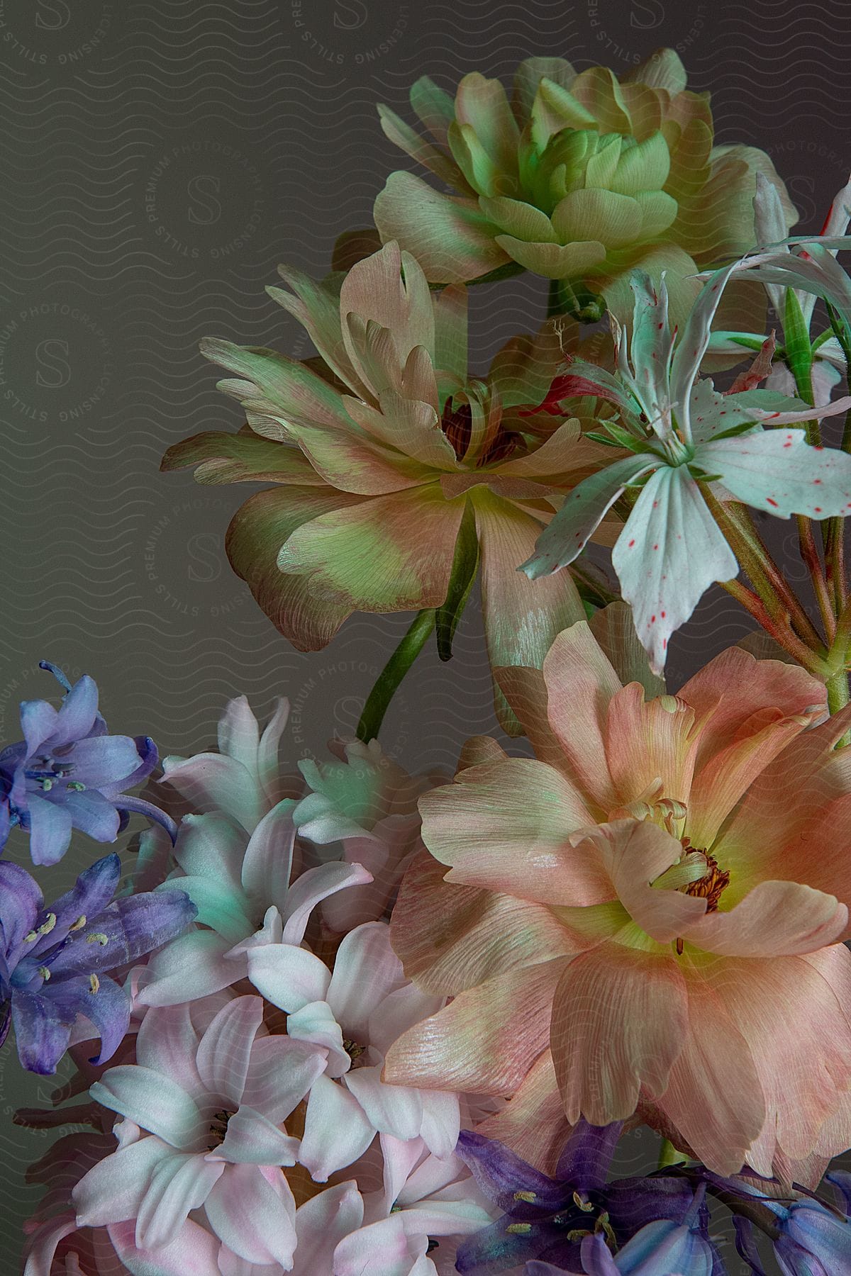 Close-up of a bouquet of light coral, pink and purple flowers.