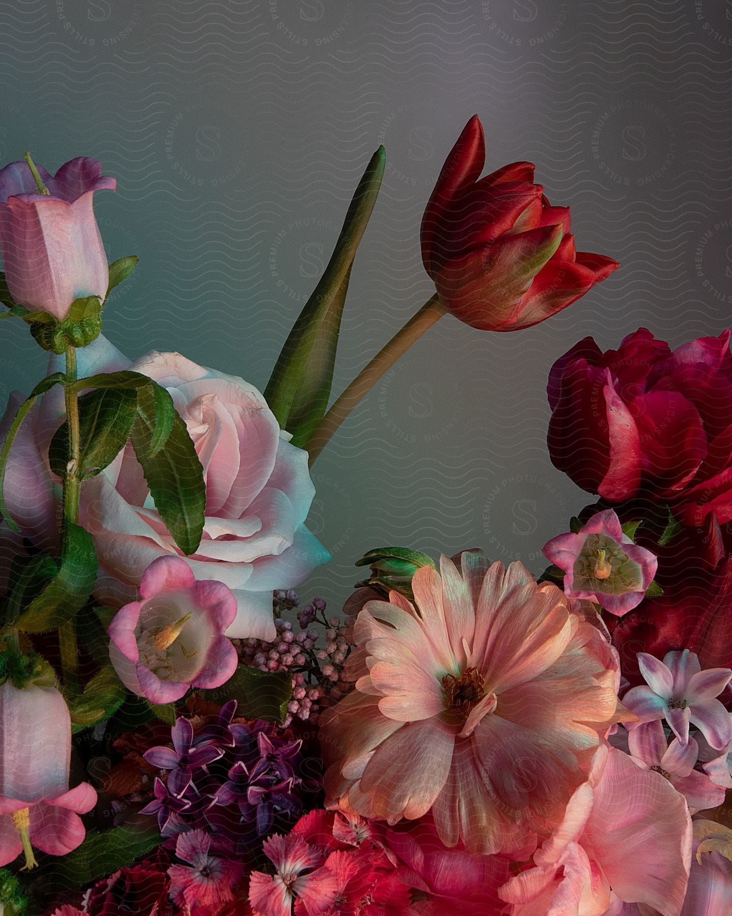 Close-up of a bouquet of pink roses, red tulips and other flowers.