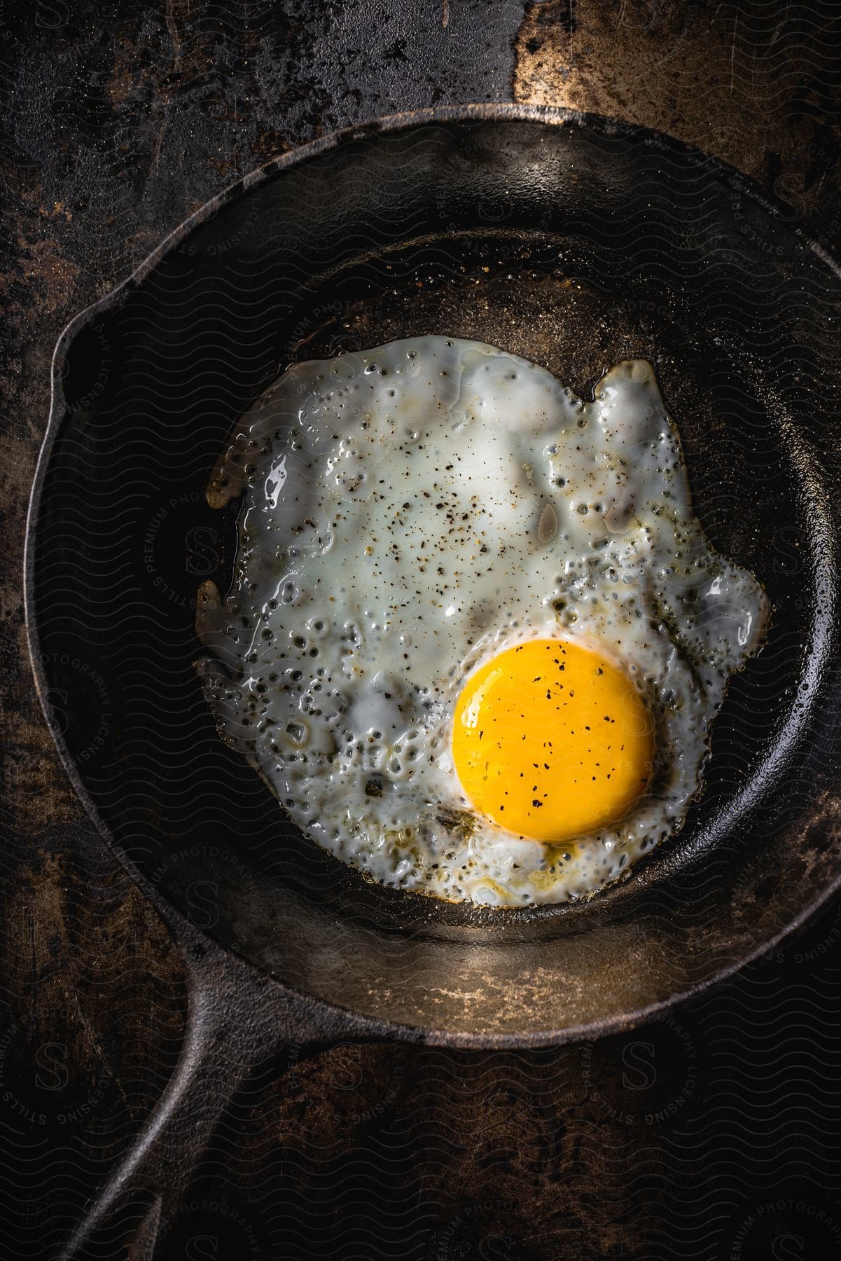 A sunny side up fried egg with a crisp white and golden yolk rests in a well-seasoned cast iron skillet.