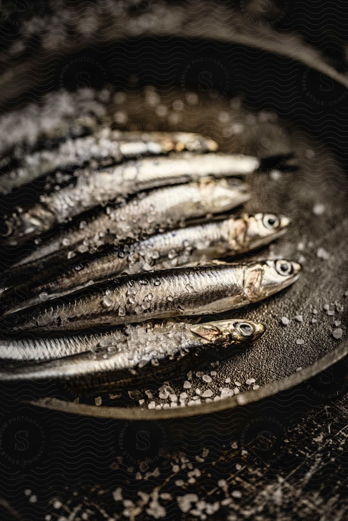 Sardines arranged side by side in a dark frying pan with coarse salt sprinkled.