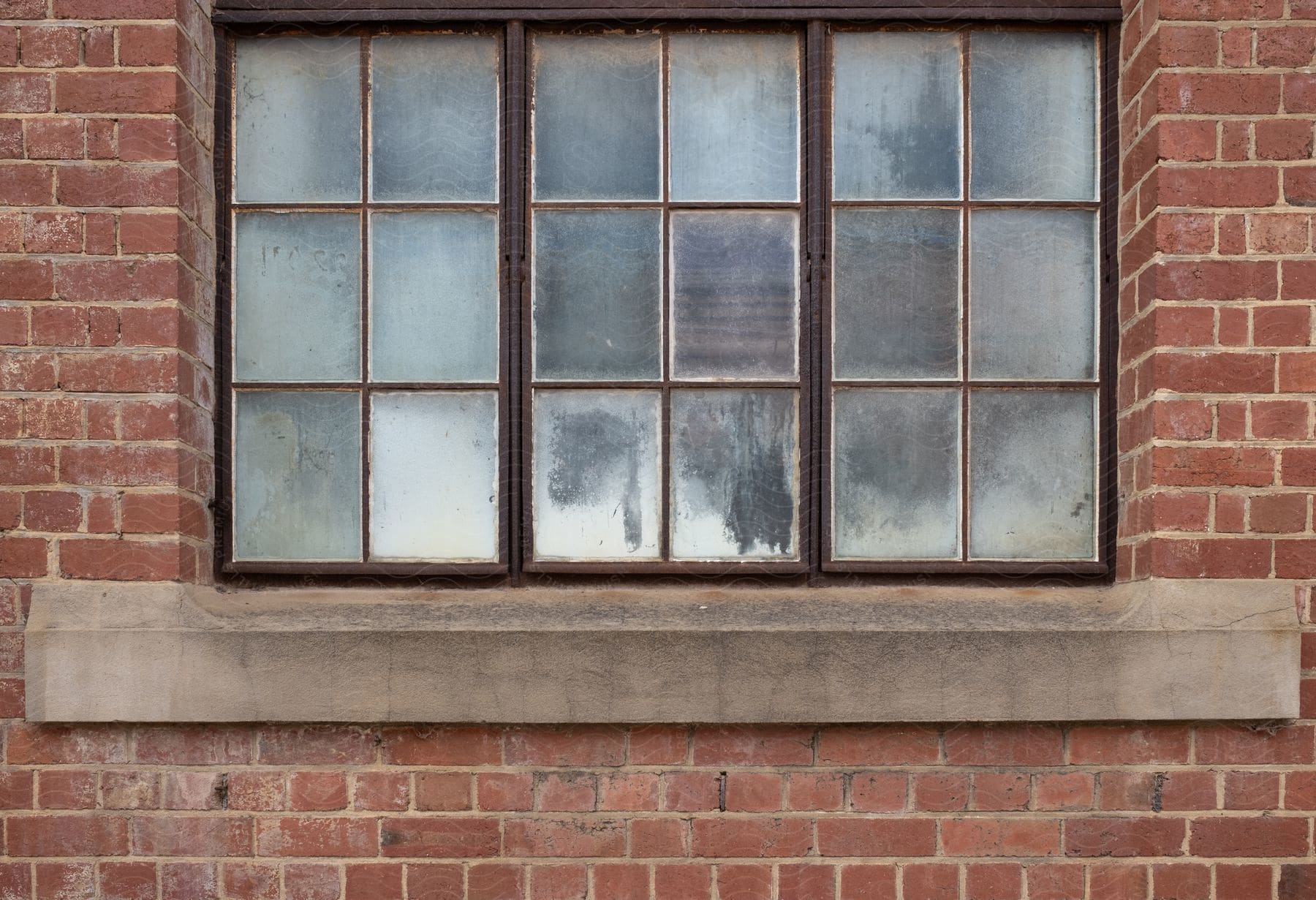 A glass window that is frosted and dirty in an orange brick wall