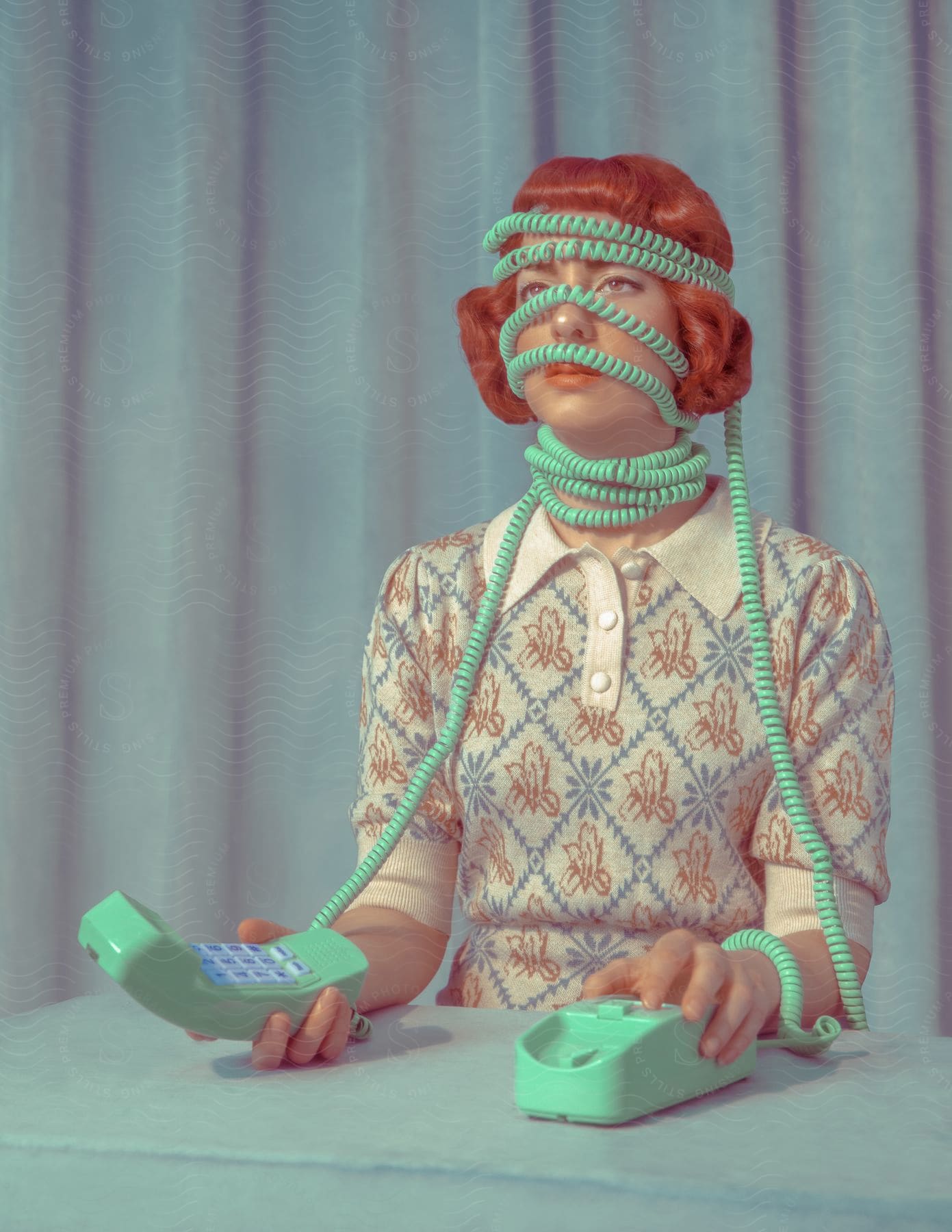 A woman sitting at a table with a phone cord wrapped around her face and neck