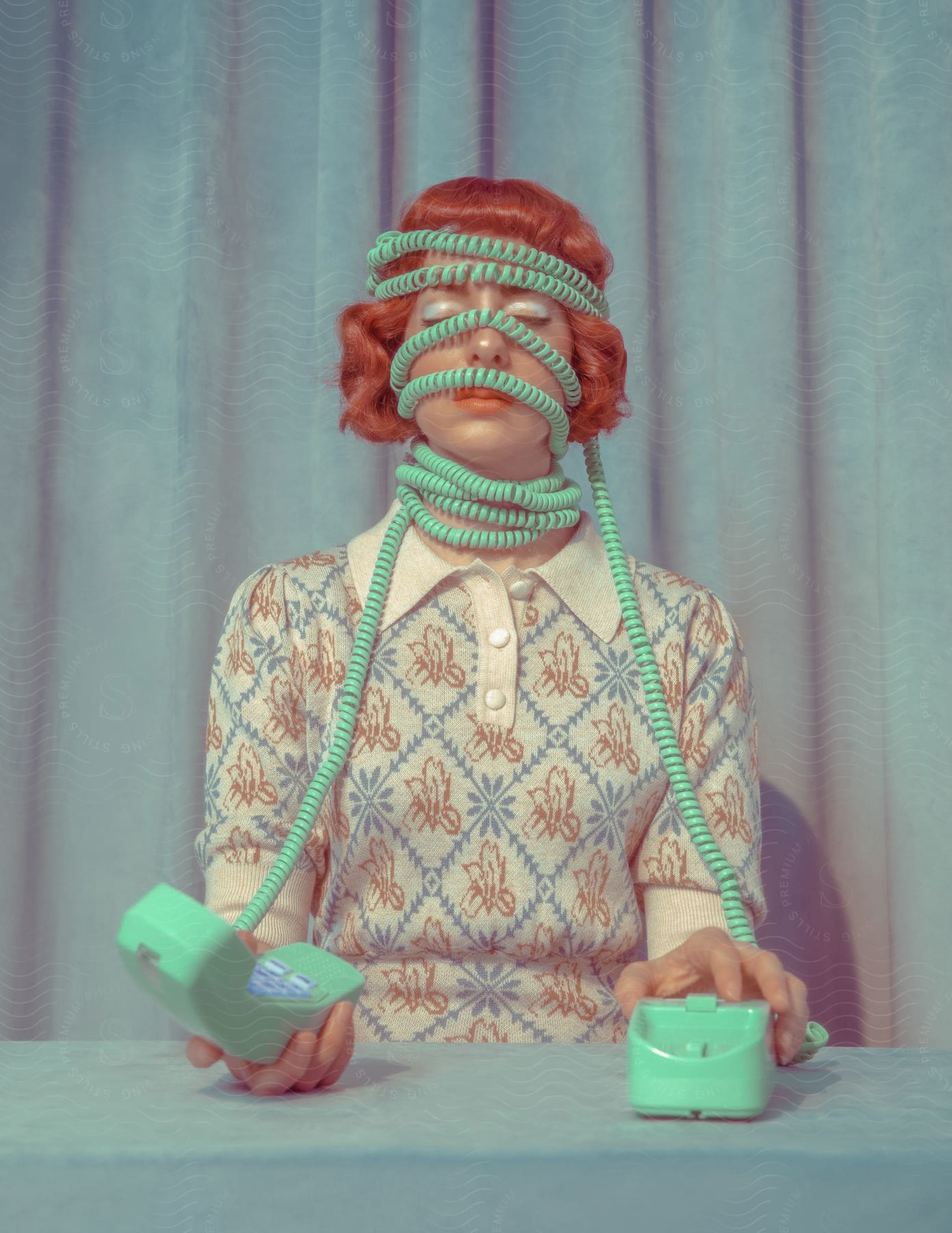 Stock photo of a woman with red hair and closed eyes has a phone cord wrapped around her face and neck