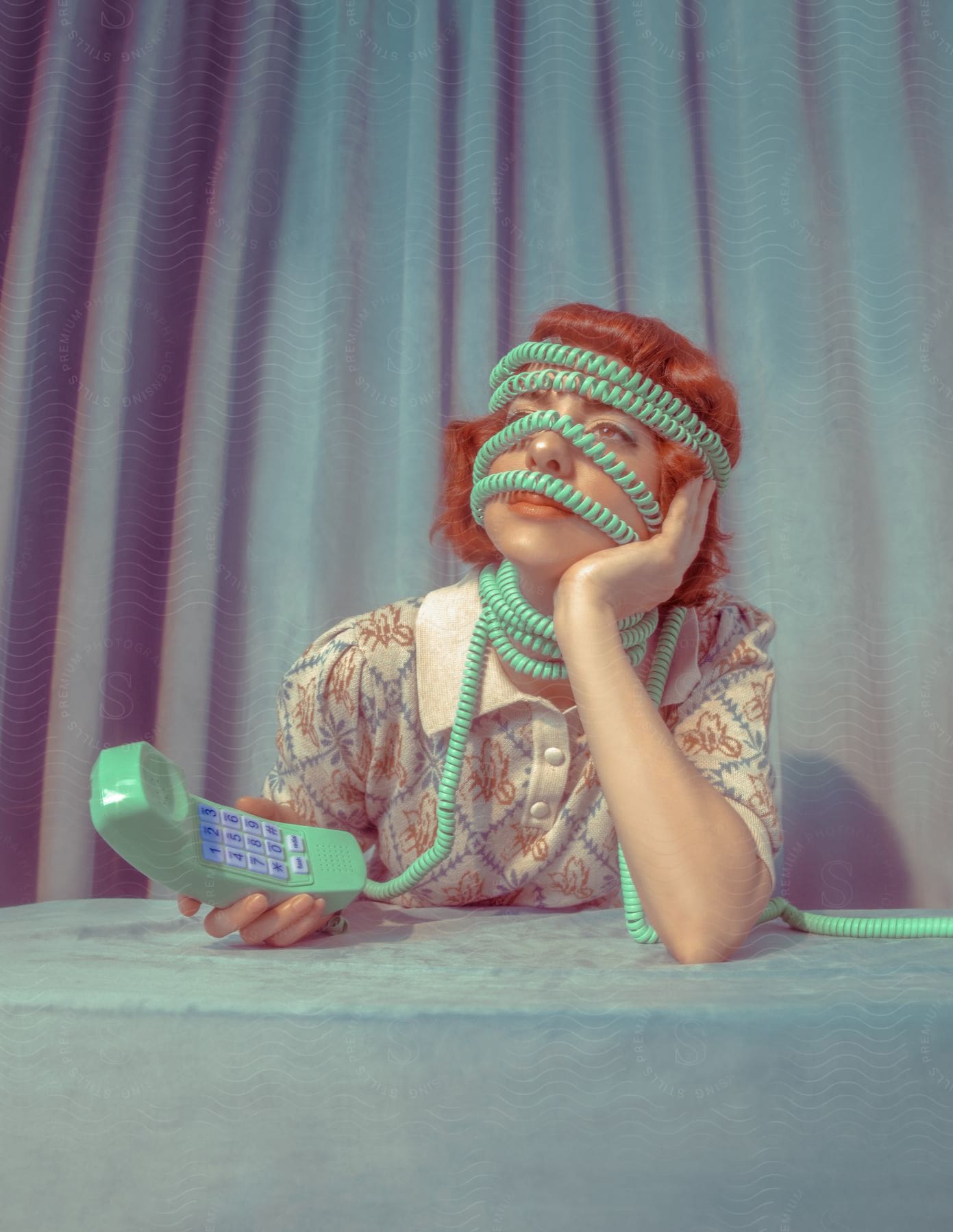 Redhaired woman with phone cord wrapped around head and neck holds green telephone handset and leans chin on hand