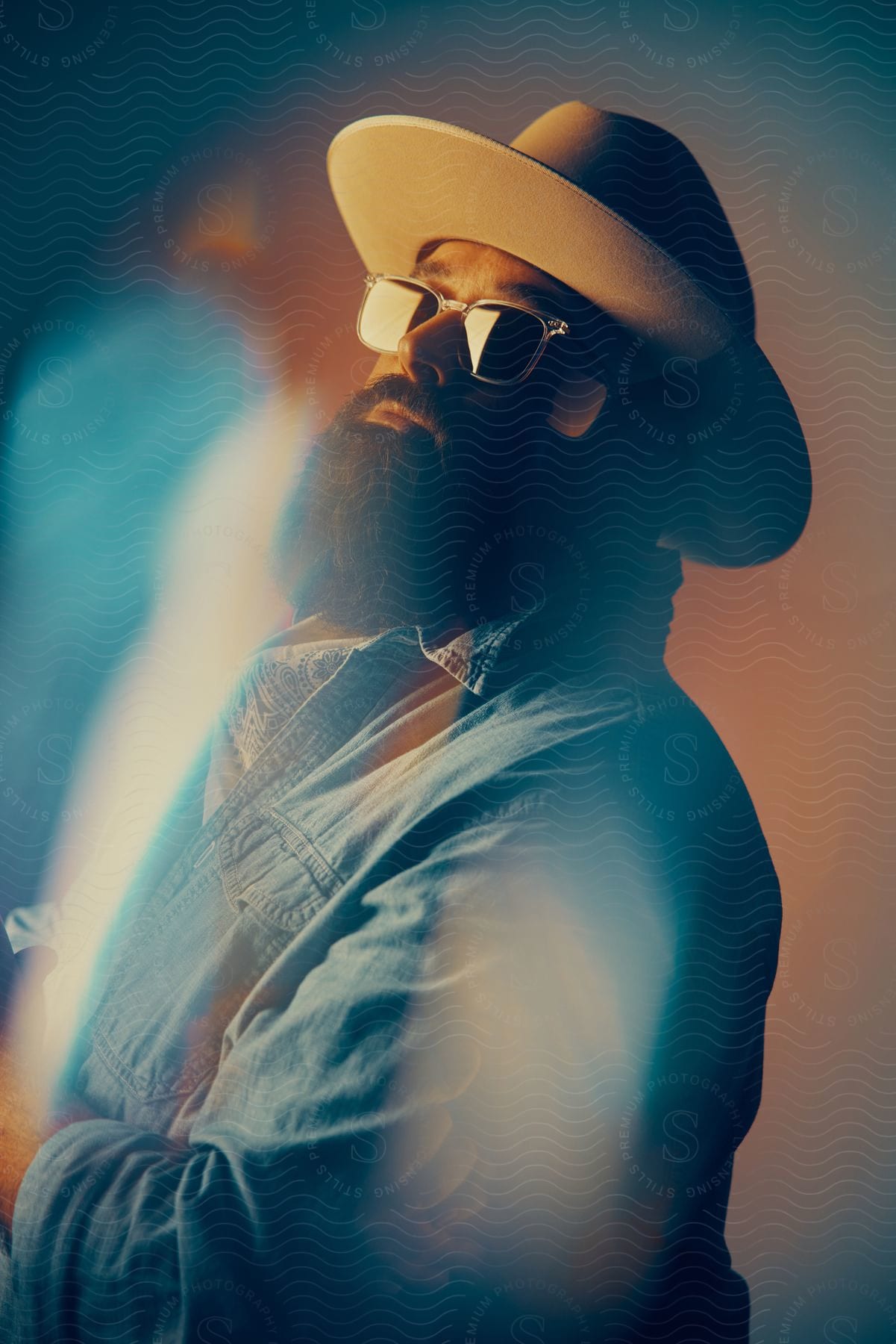 A man posing outdoors at night with lens flare and confidence