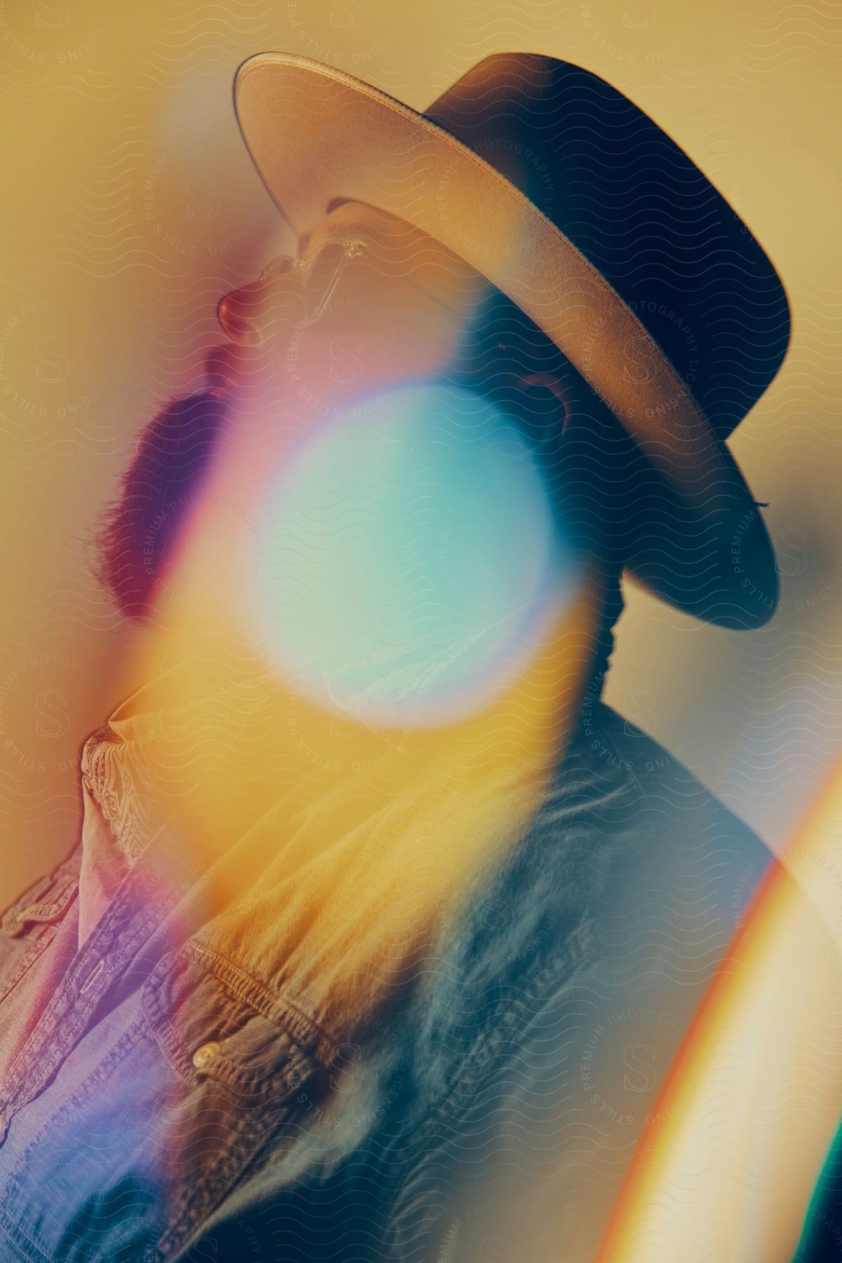 A Man Wearing A Hat Jean Shirt And Glasses With A Light Flare On His Face Captured In A Side Profile