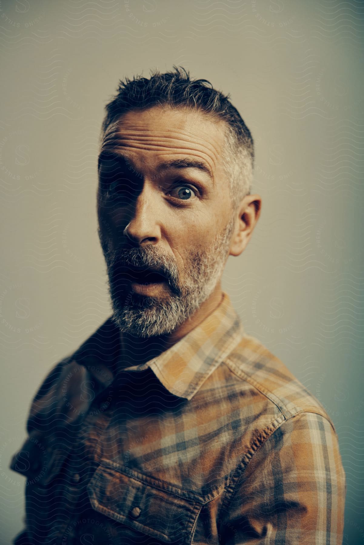 A bearded man wearing a flannel shirt poses with a surprised expression