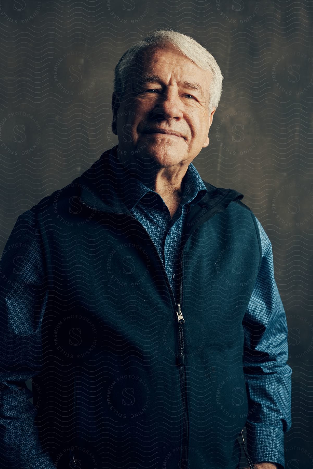 A man wearing a blue shirt and a vest with a zipper stands with his arms to his sides