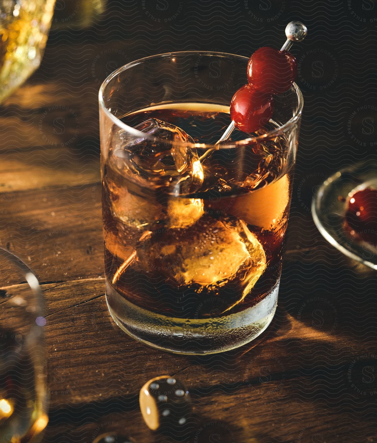 Close up of manhattan cocktail on wooden table