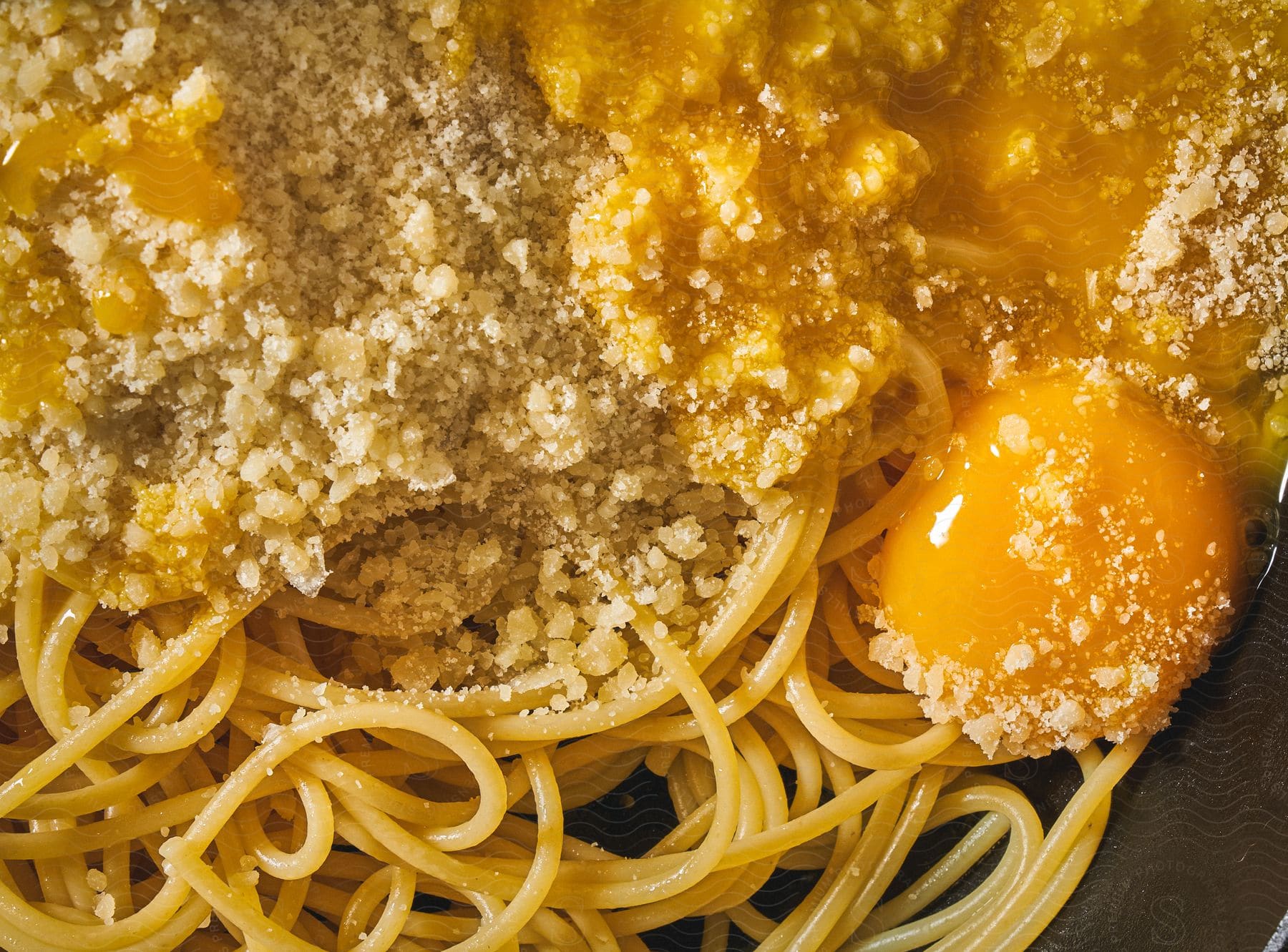 A plate of spaghetti noodles covered with a raw egg and bread crumbs