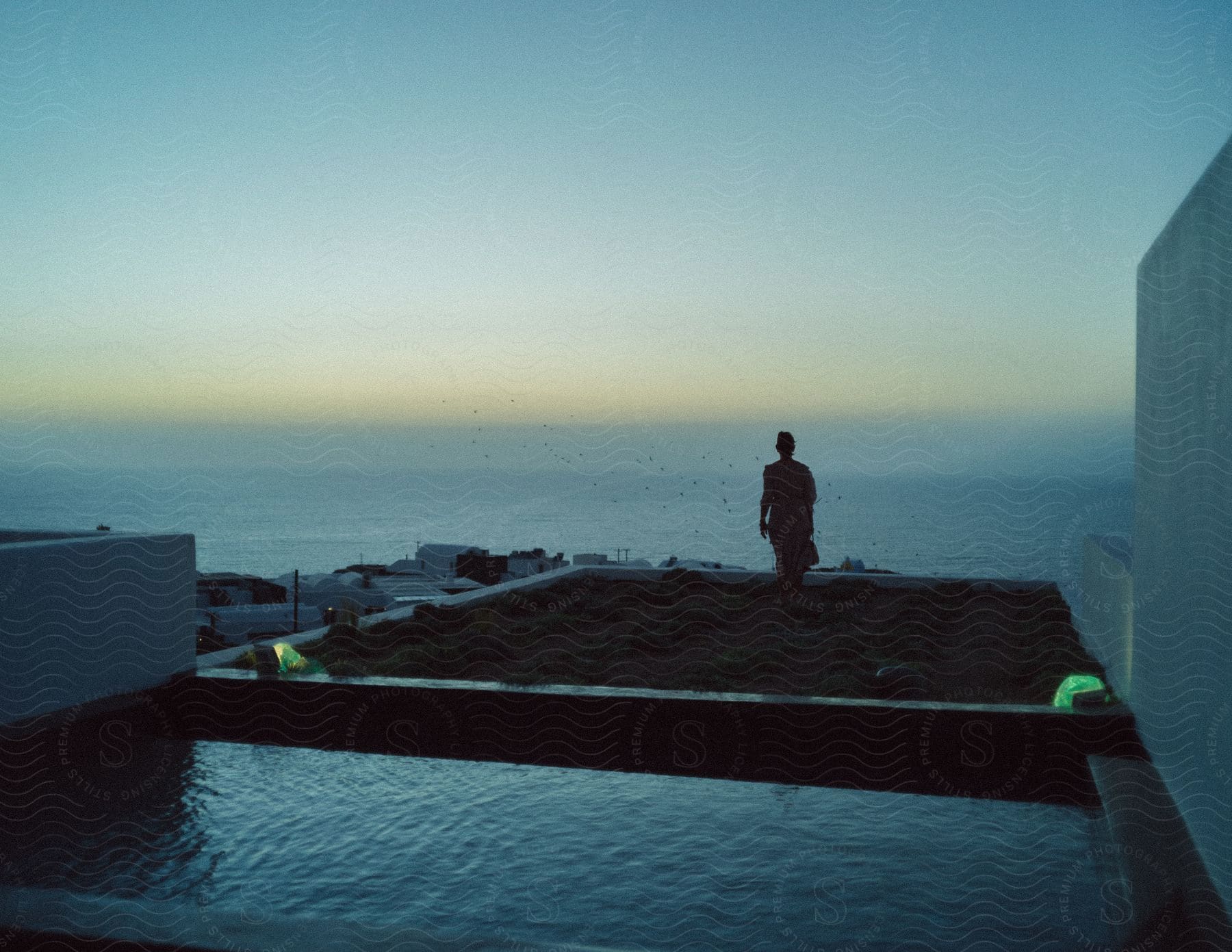 A woman on a rooftop garden beside a modern buildings pool in the dark looking out to the orange horizon