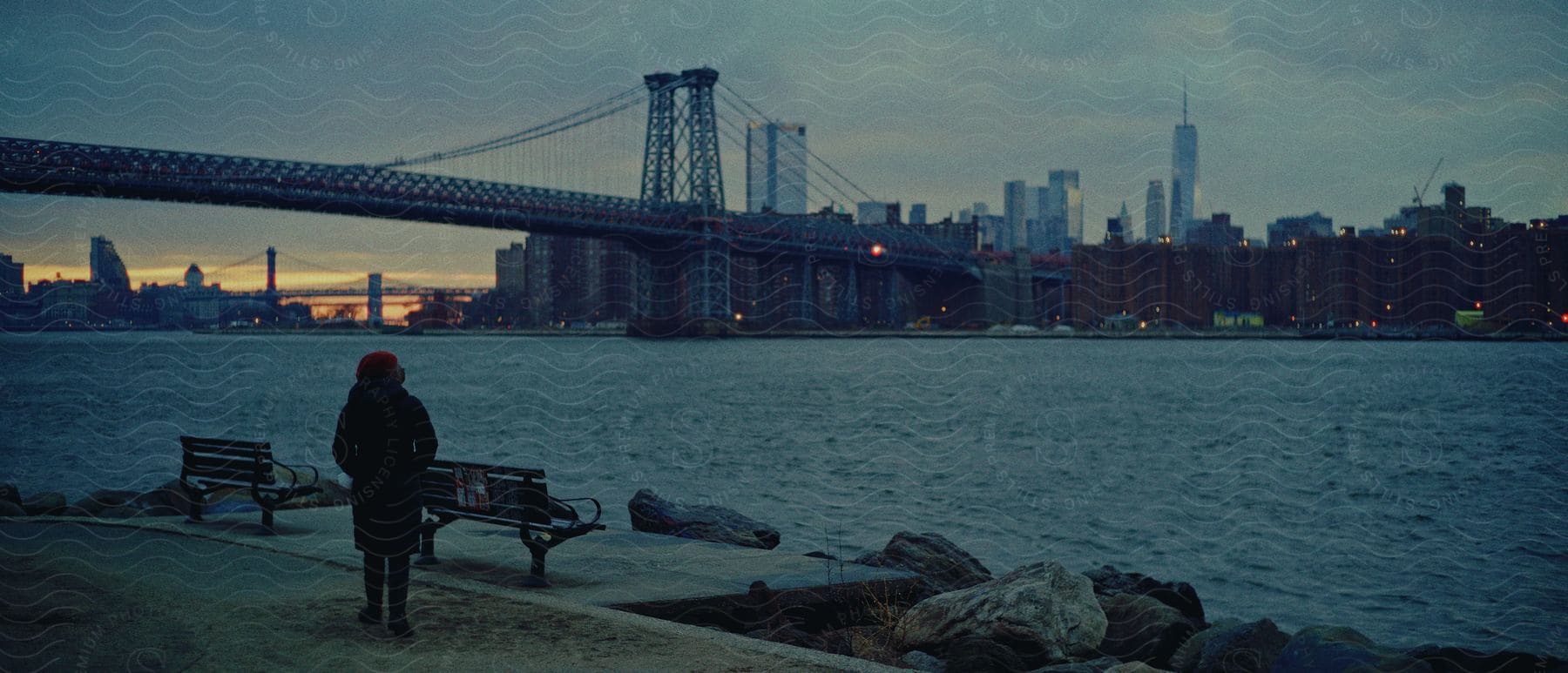 Person standing still admiring the city in the background at dusk with a lake and skyscrapers visible