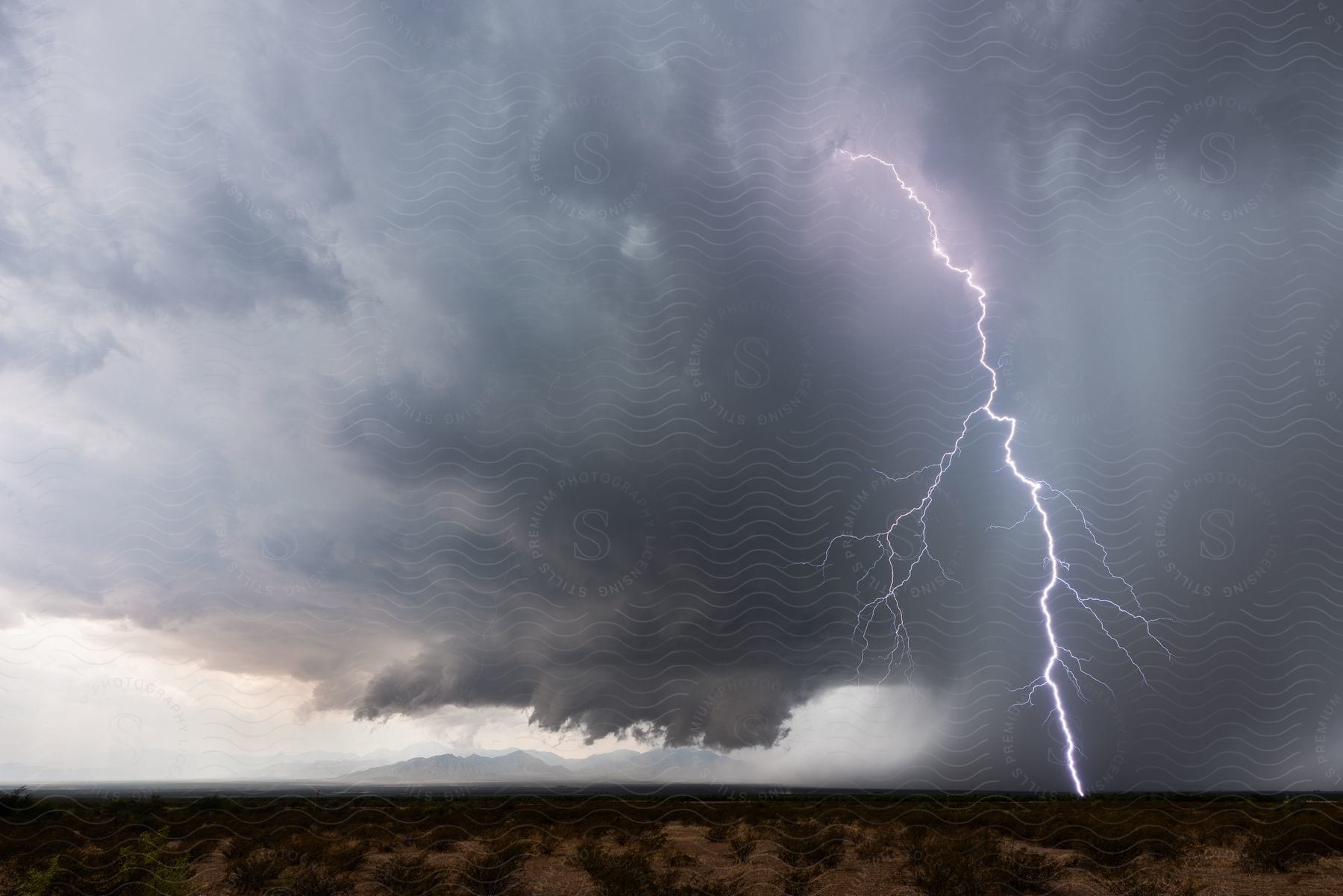 Dark patterned cloud with powerful thunder strike illuminating the sky in arizona