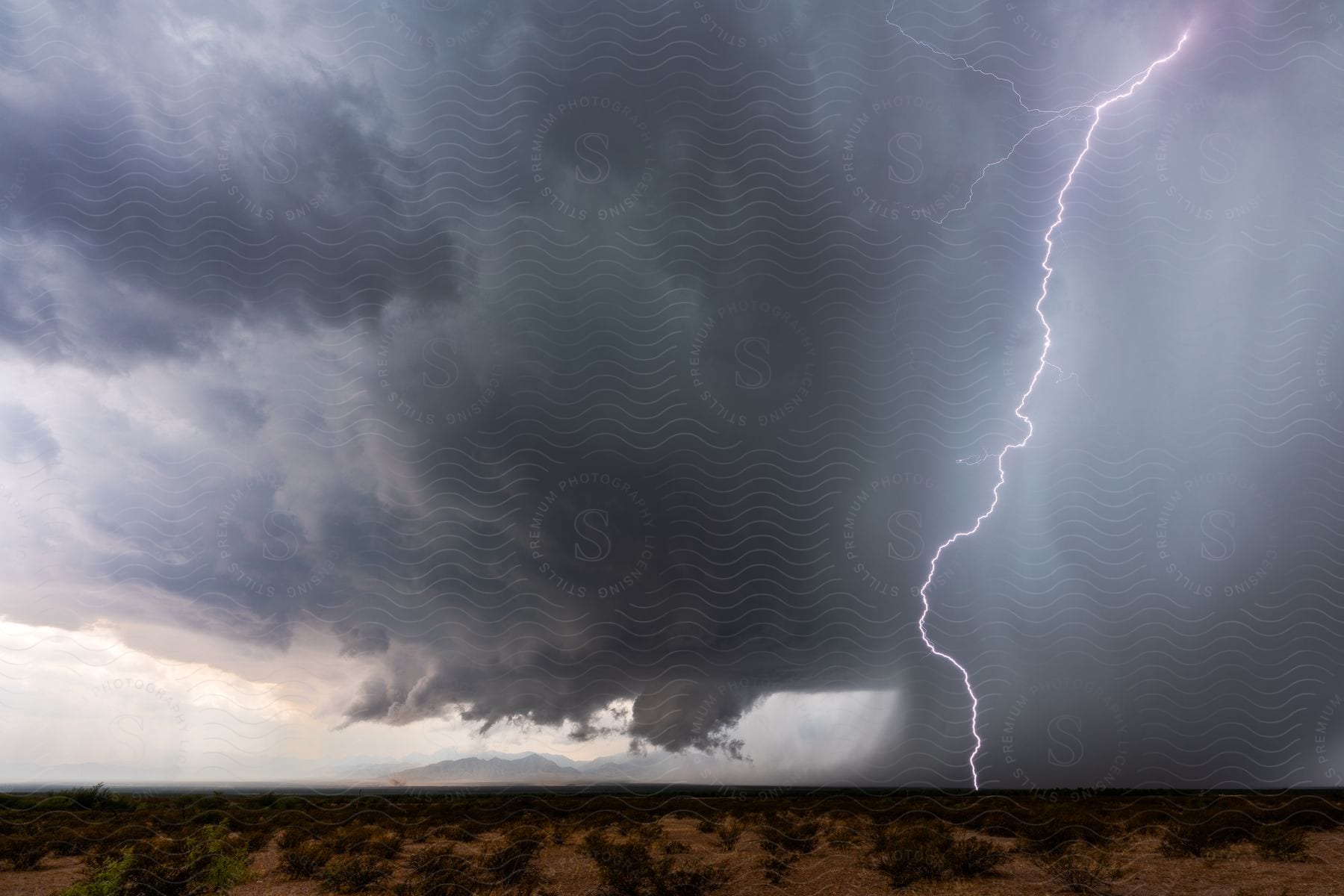 A lightning bolt emerges from a dark storm cloud in the desert accompanied by rain