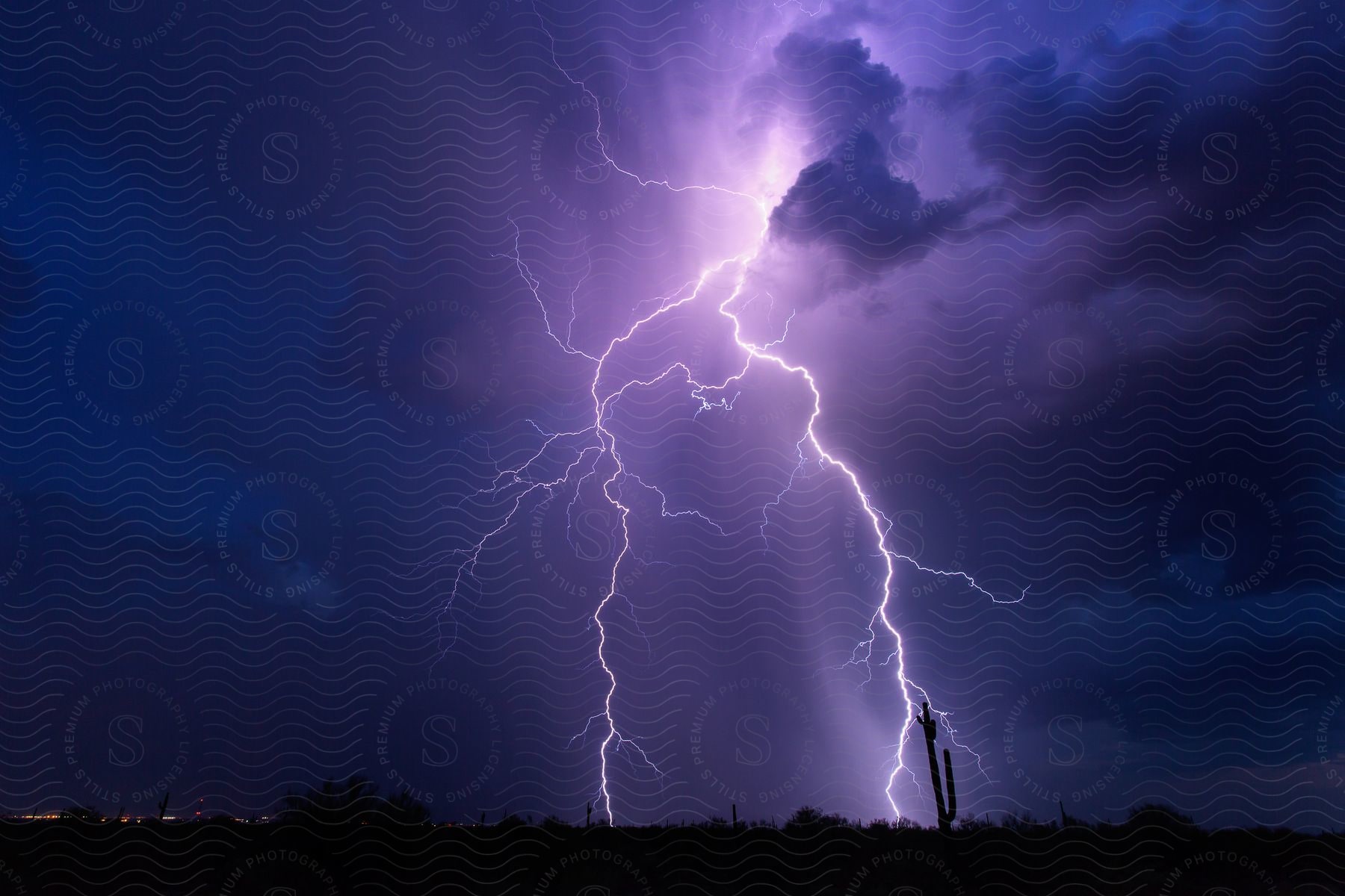 Lightning bolts illuminate ominous clouds in the night sky