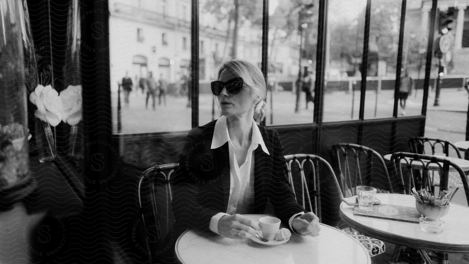 A woman in sunglasses sits at a table inside a city cafe near a big window