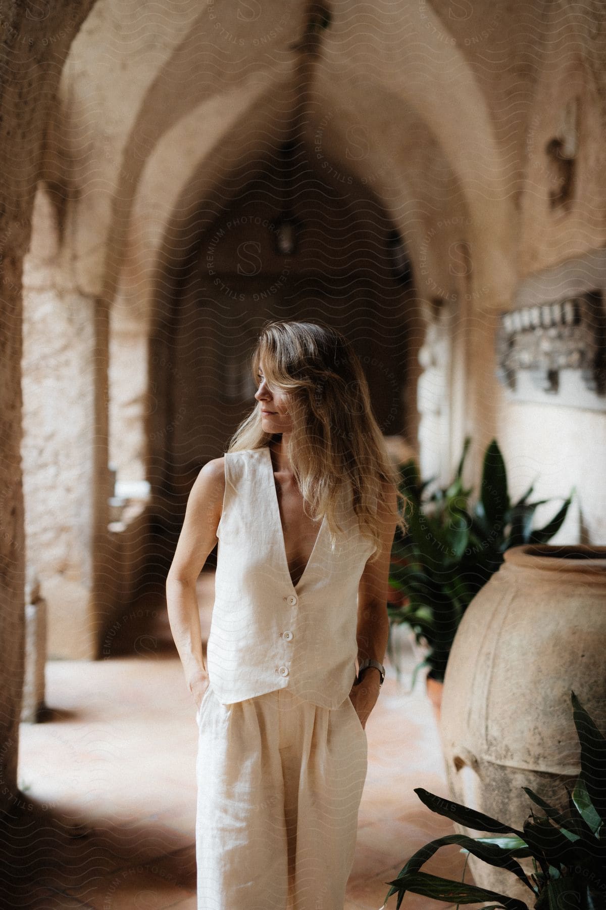 A woman walking with her hands in her pants down a hallway in an old building