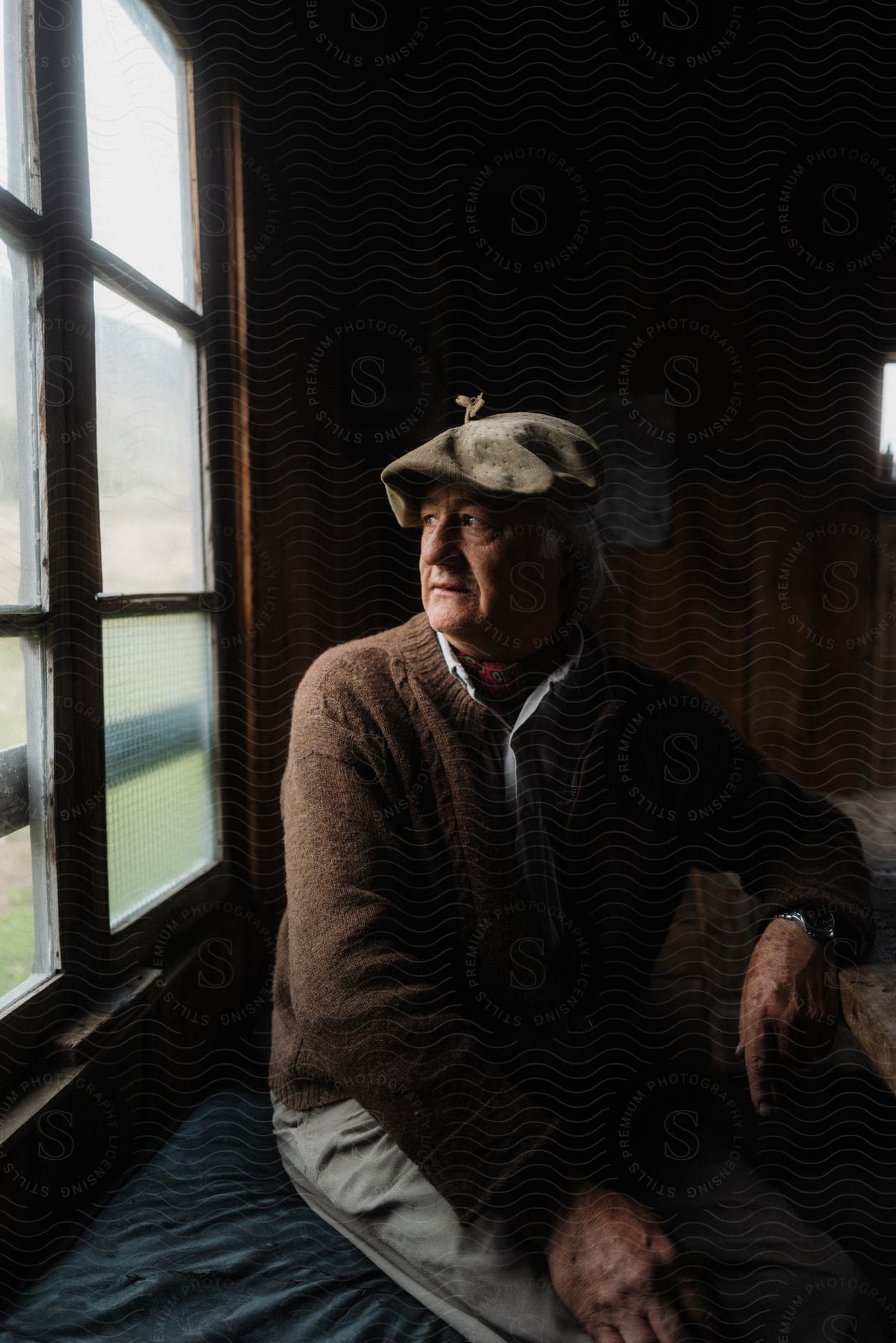 An older man sitting in front of a window looking out