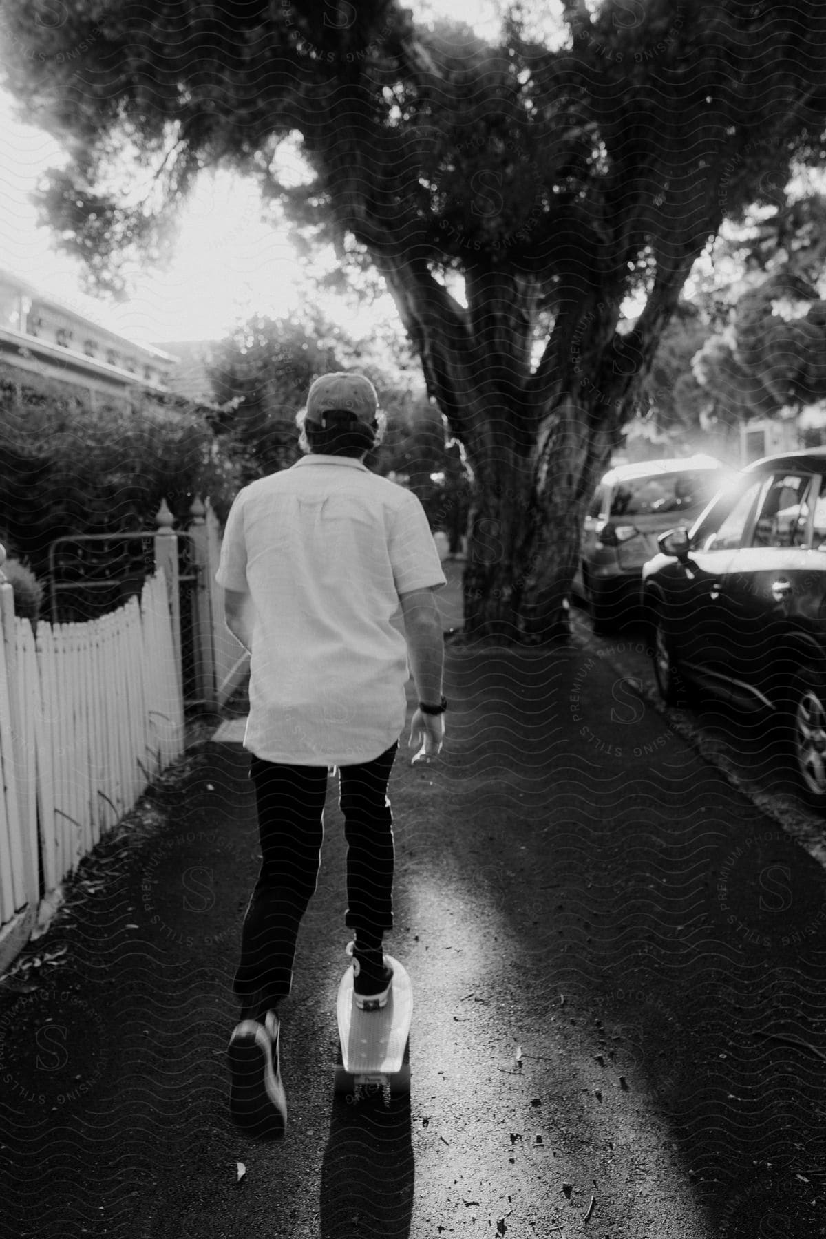 A skateboarder rides down a sidewalk in a city