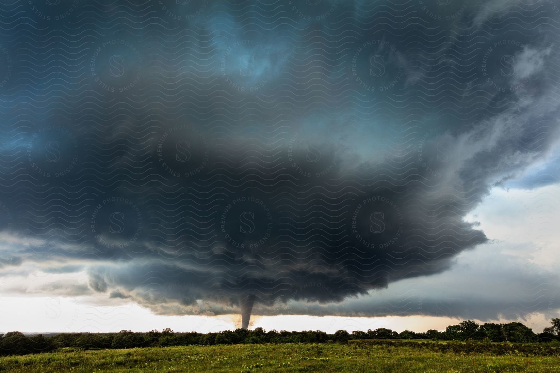 A dark storm cloud moves overhead as a tornado funnel cloud is on the ground among trees in the distance