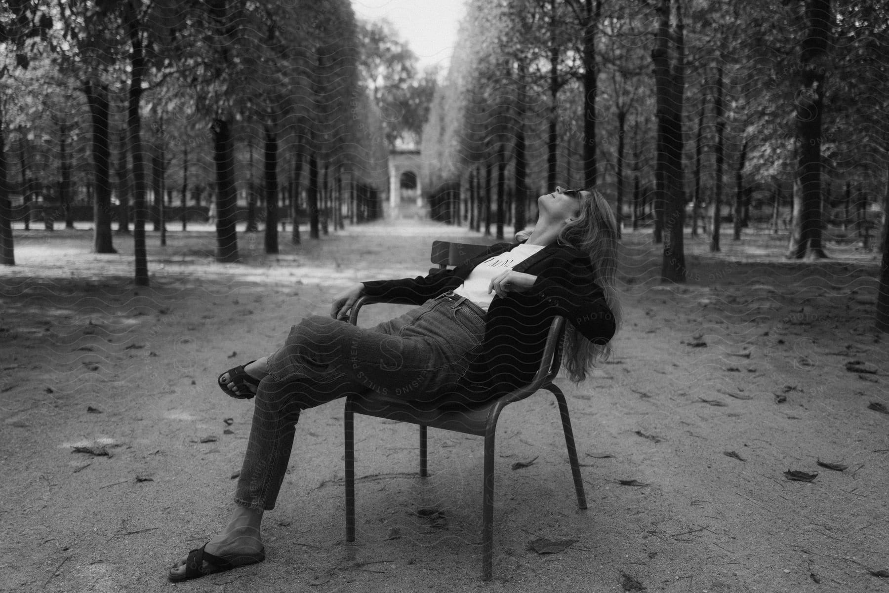 A woman seated on a chair in the middle of a path lined with trees