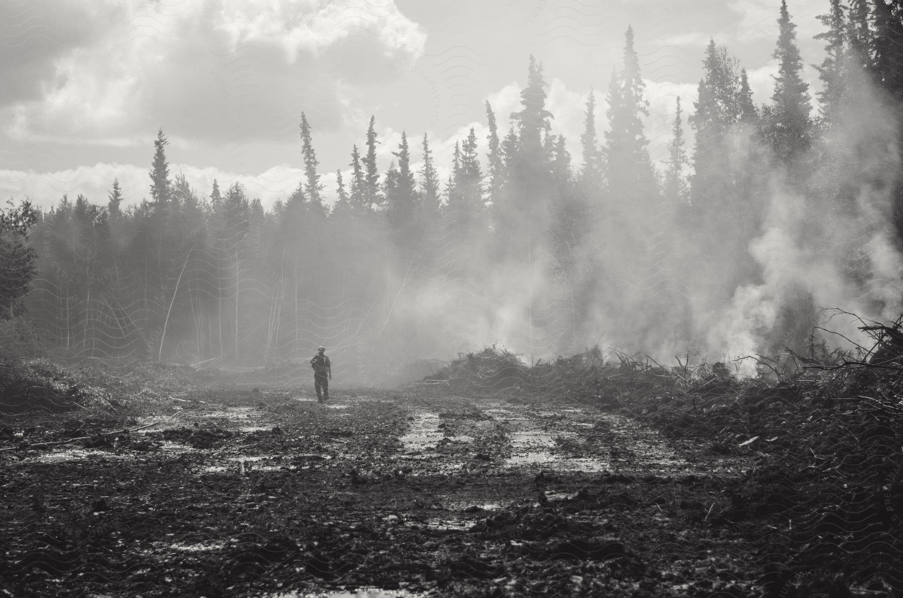 Man Walking Through A Firedamaged Forest