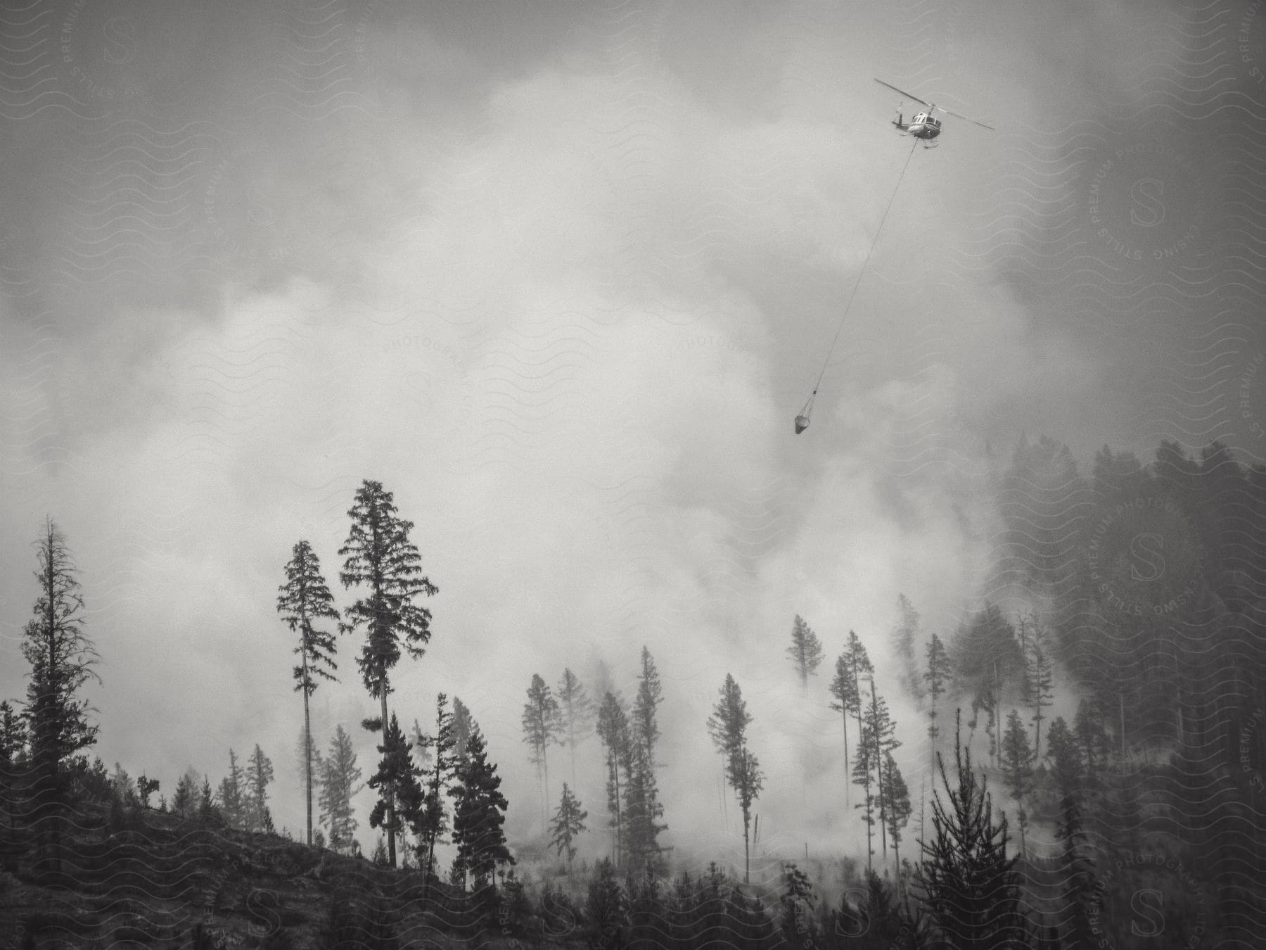 A helicopter conducting a rescue mission in a smoky forest