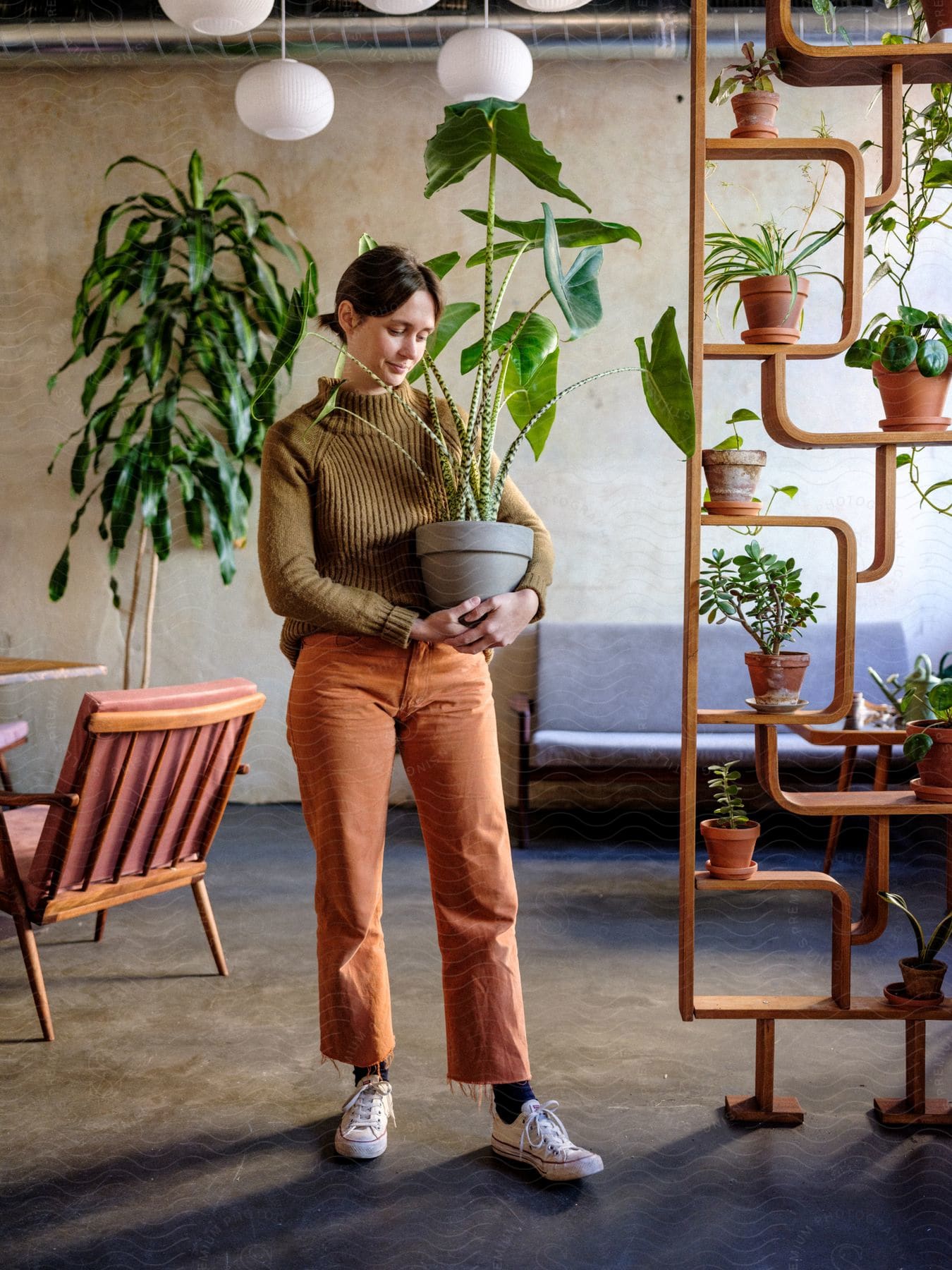 Woman holding a tall plant in a gray pot standing next to an abstract plant holder indoors