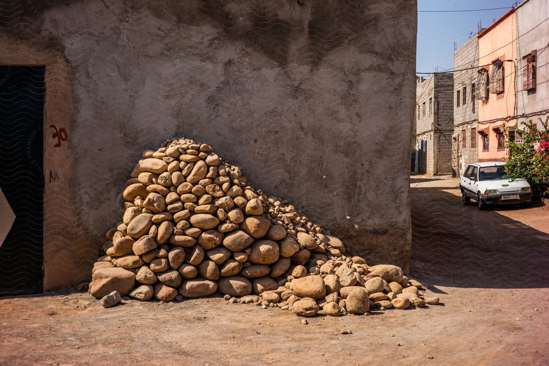 A pile of rocks supporting a dilapidated houses cementgray wall