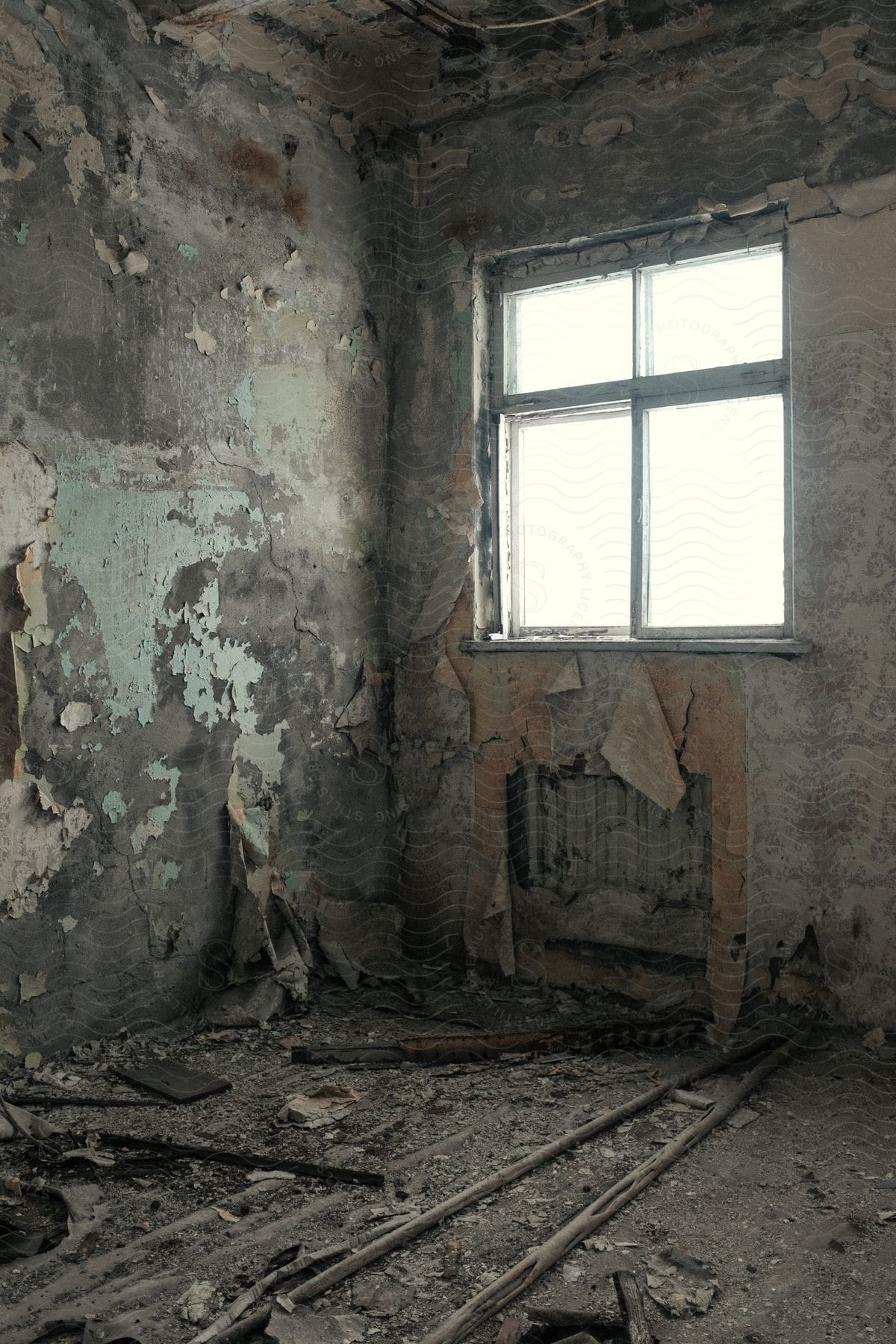 An old and destroyed room in a building featuring a window walls and home damage