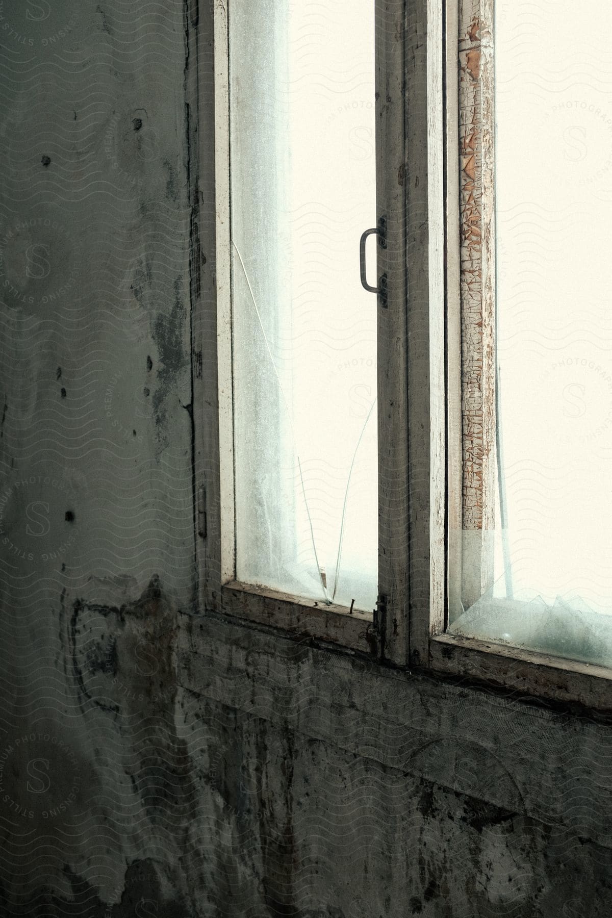 A cracked glass window with daylight pouring through in an abandoned building