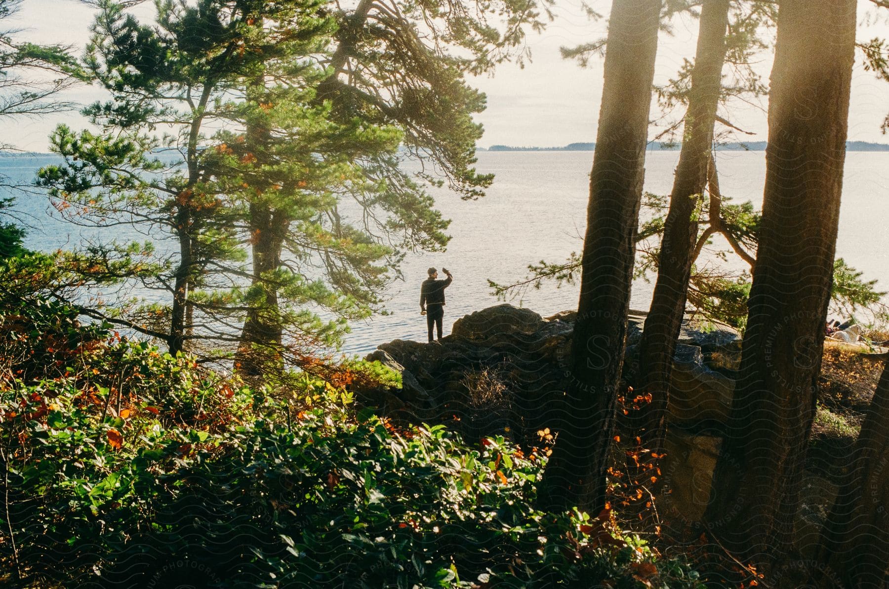 A confident man stands on a cliff overlooking the sea