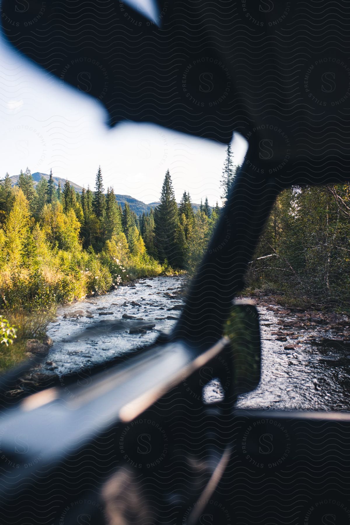 A car parked in front of a river surrounded by trees during the day